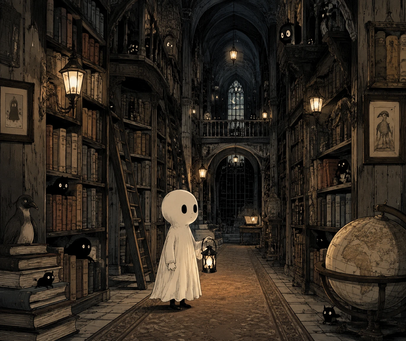 Pequeno fantasma criança com lanterna em uma biblioteca escura e infinita