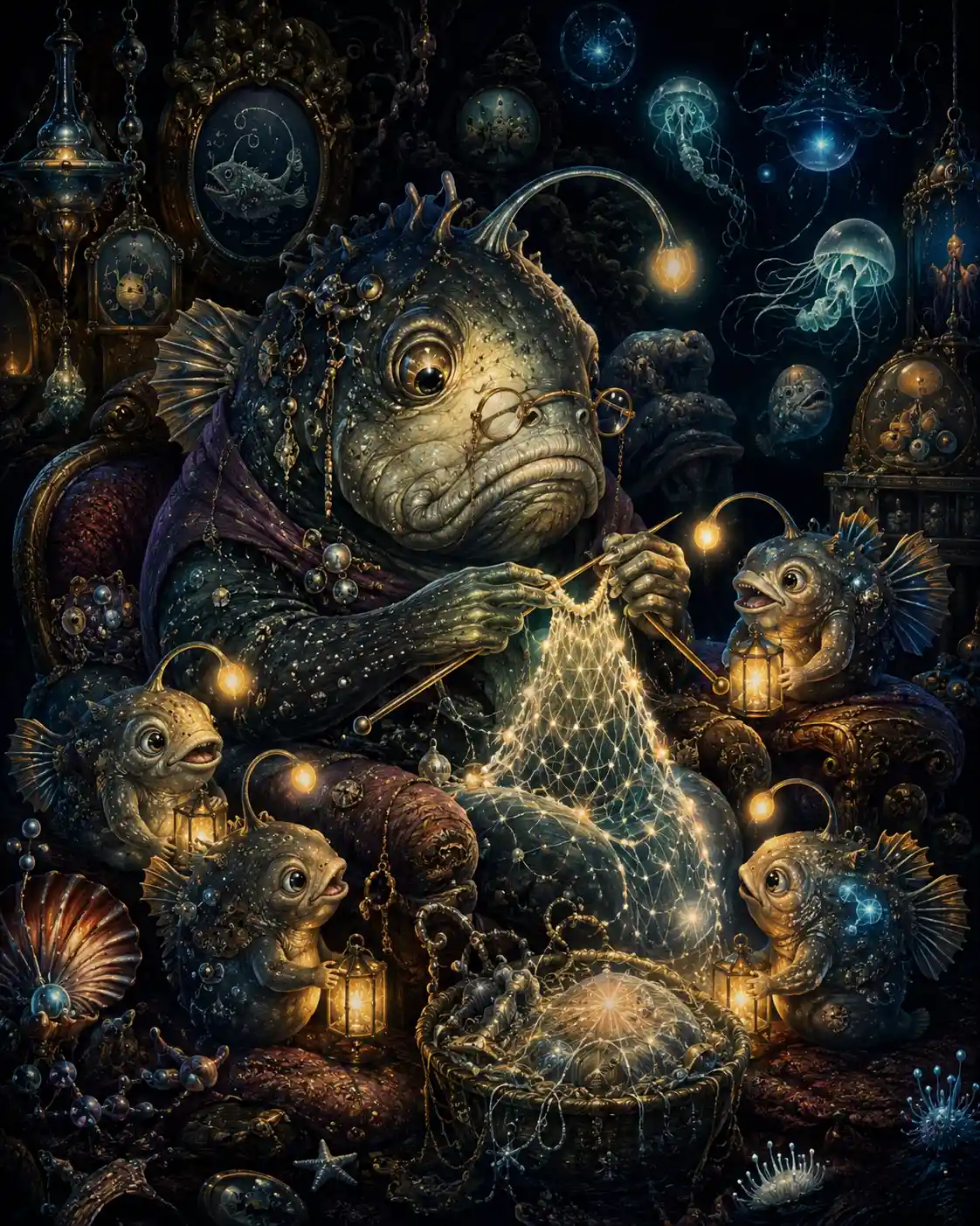 Anglerfish grandmother knitting glowing light for tiny lantern fish