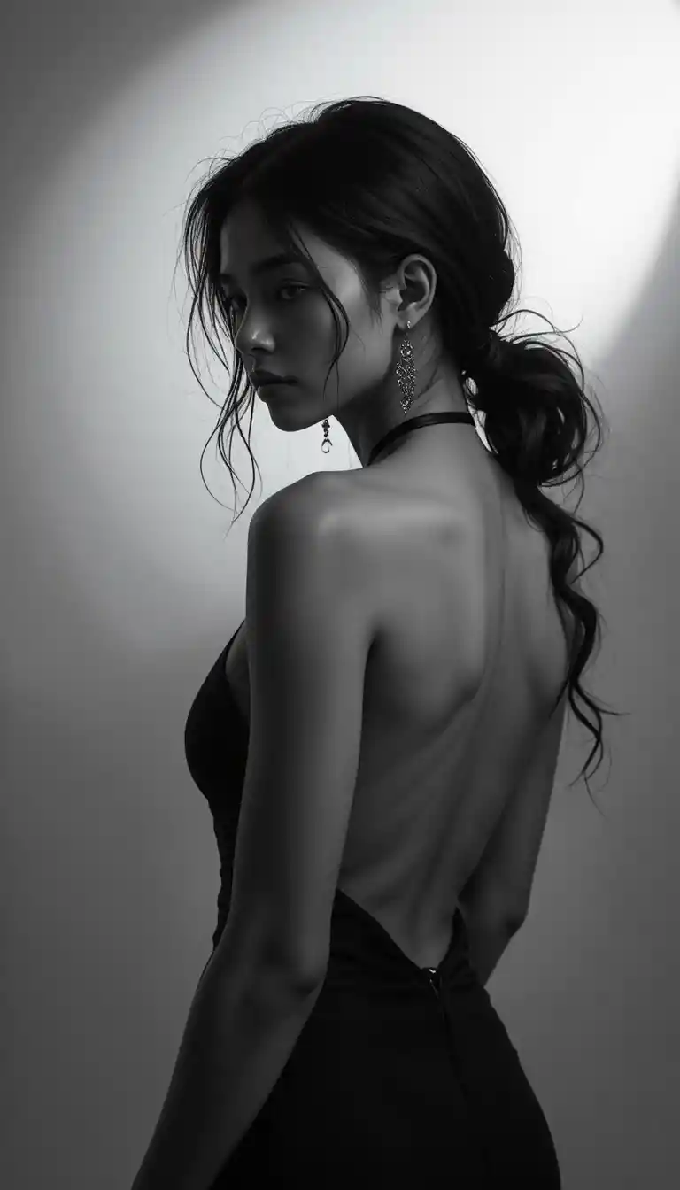 Dramatic black and white portrait of a woman in profile