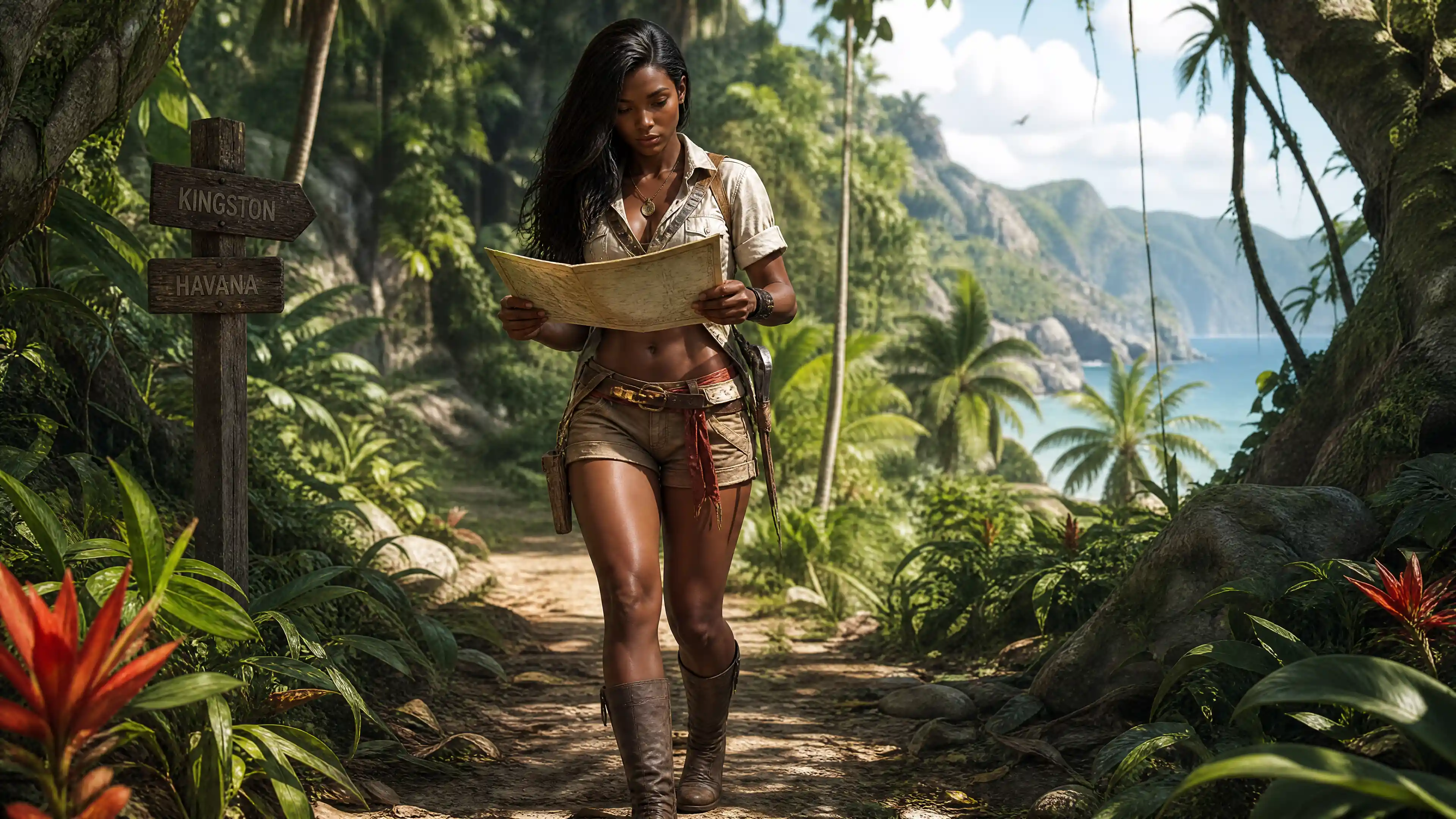 Athletic woman reading a map in a tropical jungle
