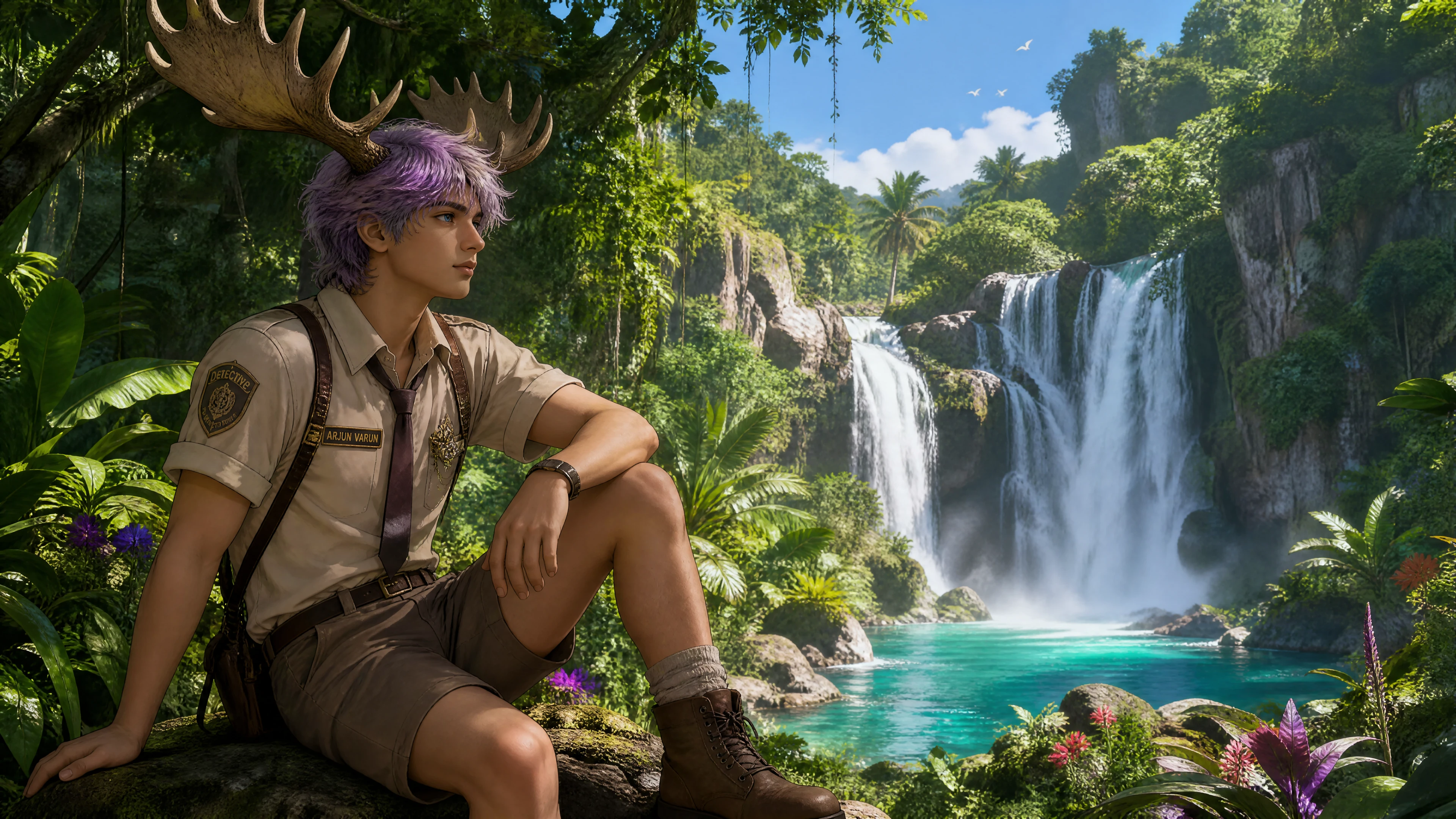 Fantasy man with antlers watching jungle waterfall