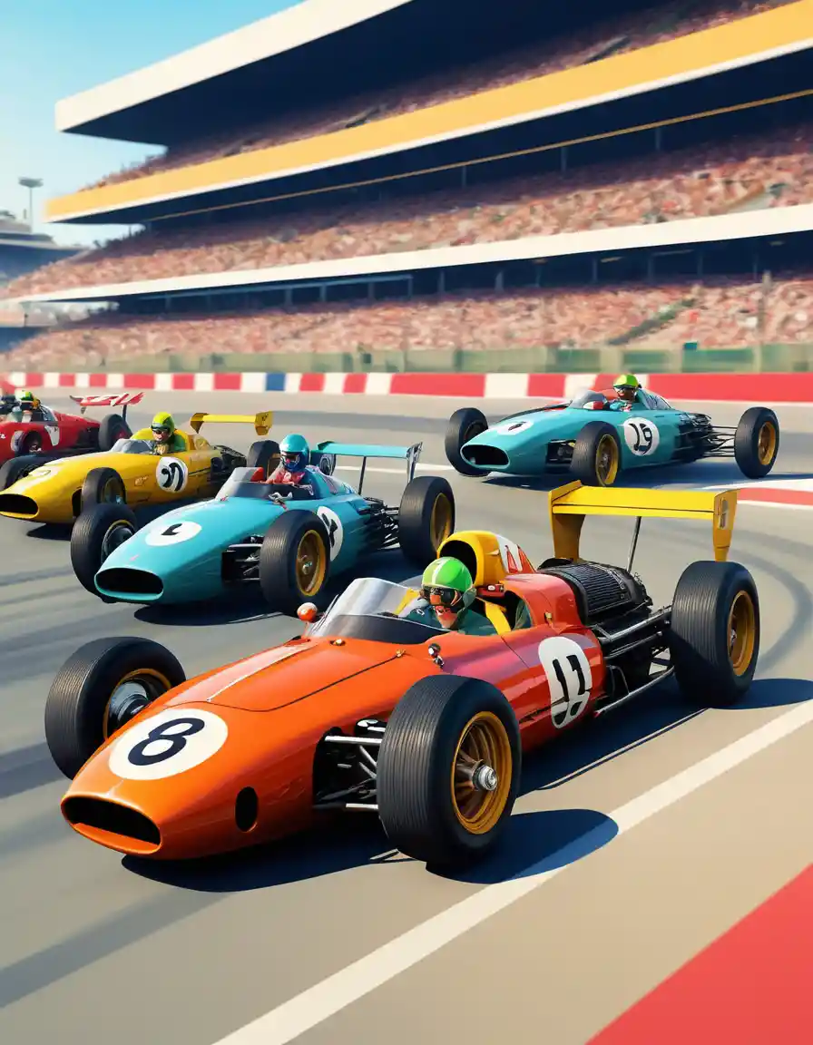 Vintage racing cars speeding past crowded grandstands