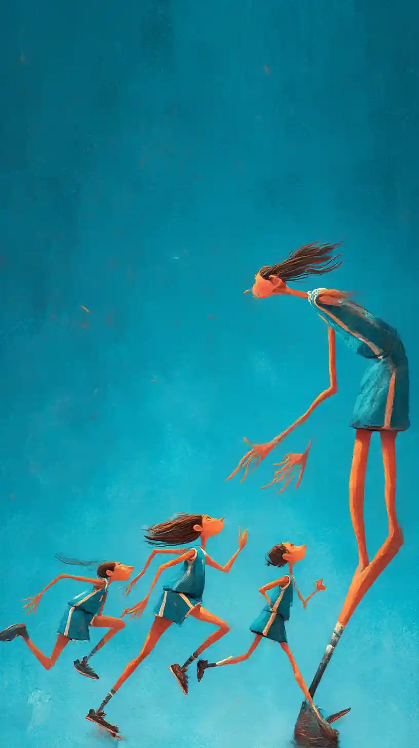 Elongated female football players running through blue negative space