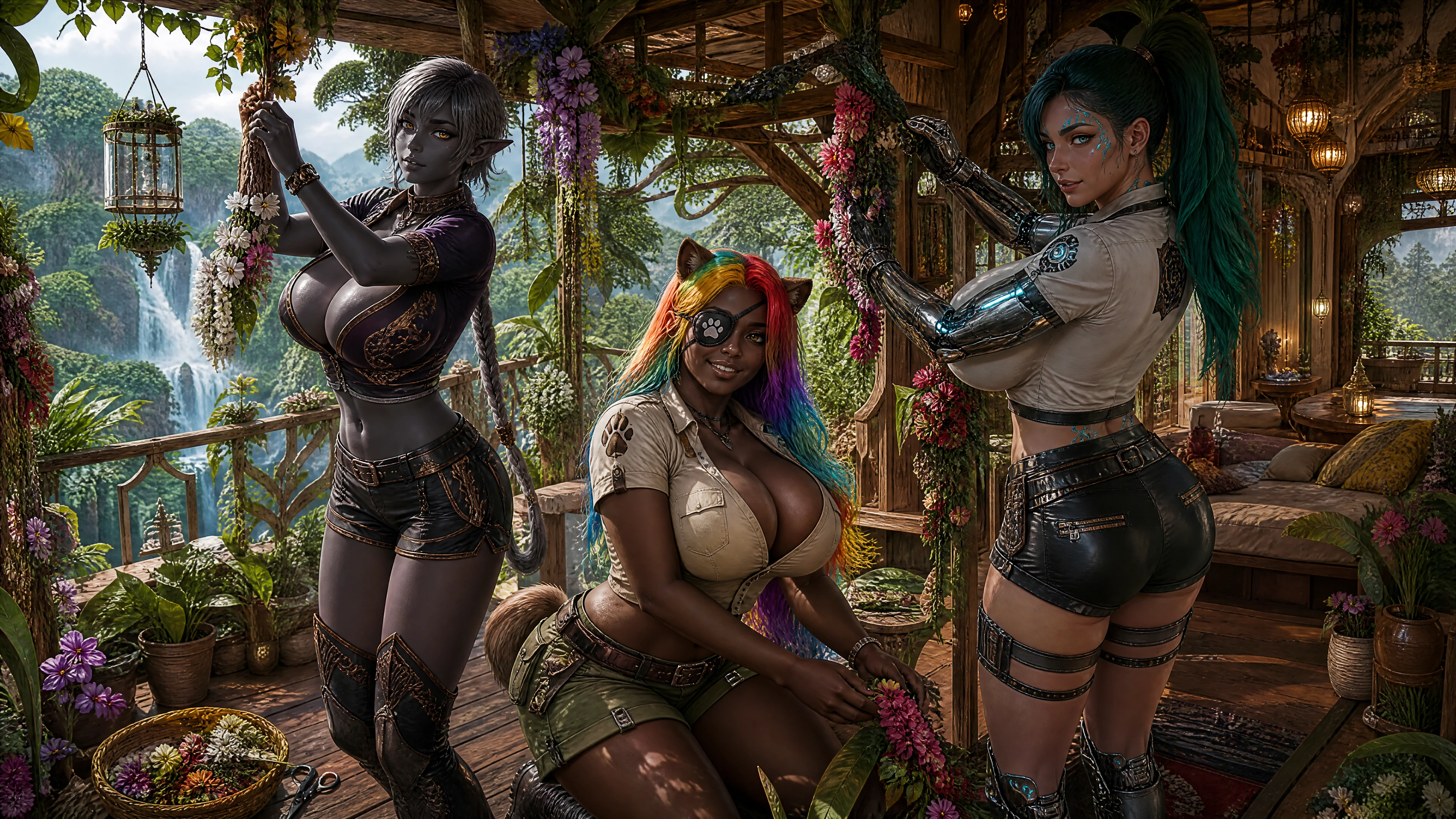 Three fantasy women decorating a lush jungle treehouse