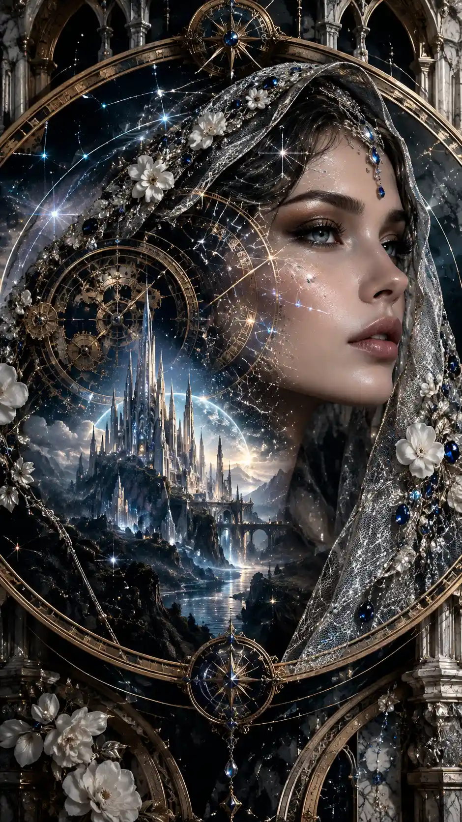 Surreal double exposure portrait of a cosmic veiled woman
