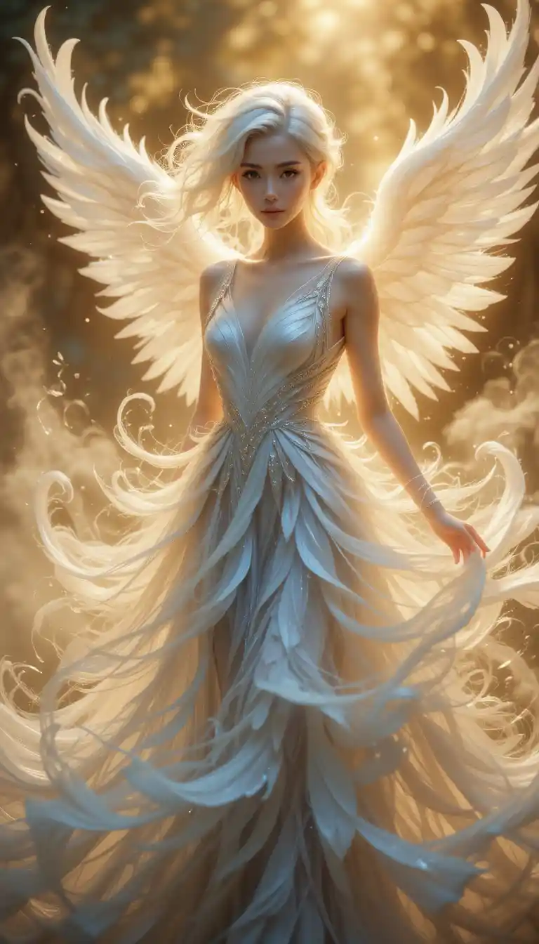 Ethereal angelic woman in flowing feathered gown