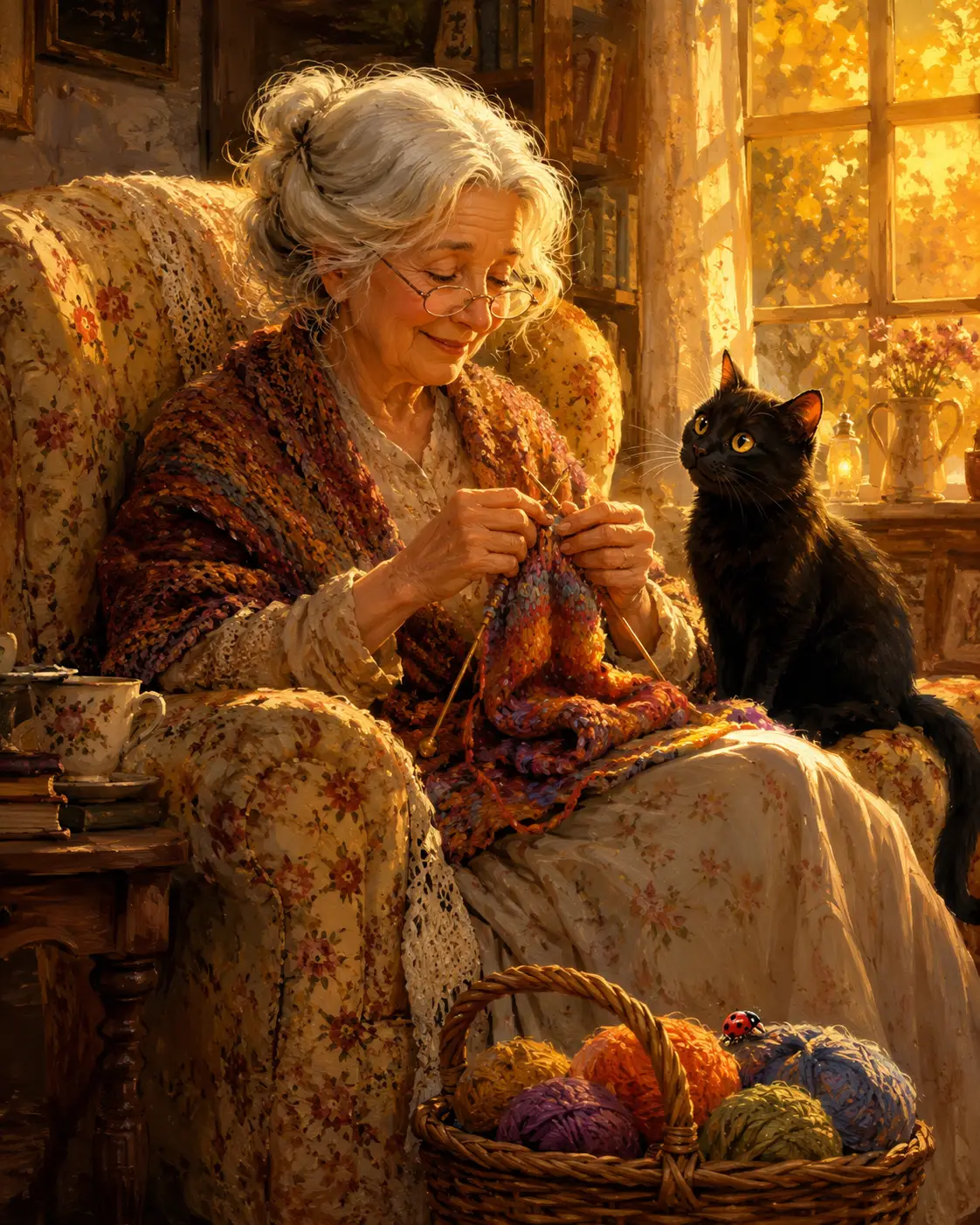 Grandmother Knitting Beside A Curious Black Cat At Home