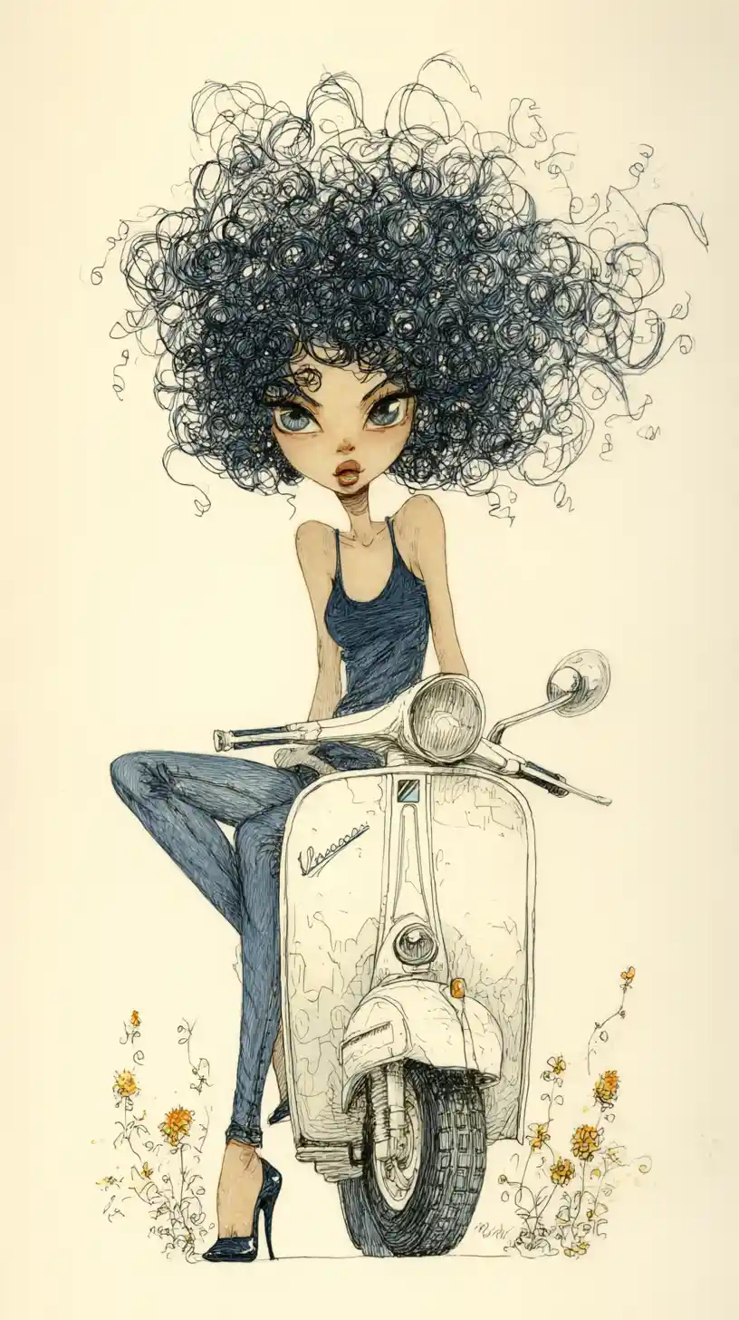 Stylized woman on vintage scooter with wild curly hair
