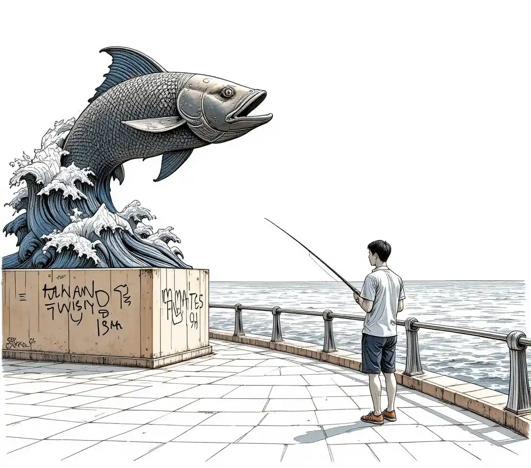 Large fish sculpture by the sea with lone fisherman