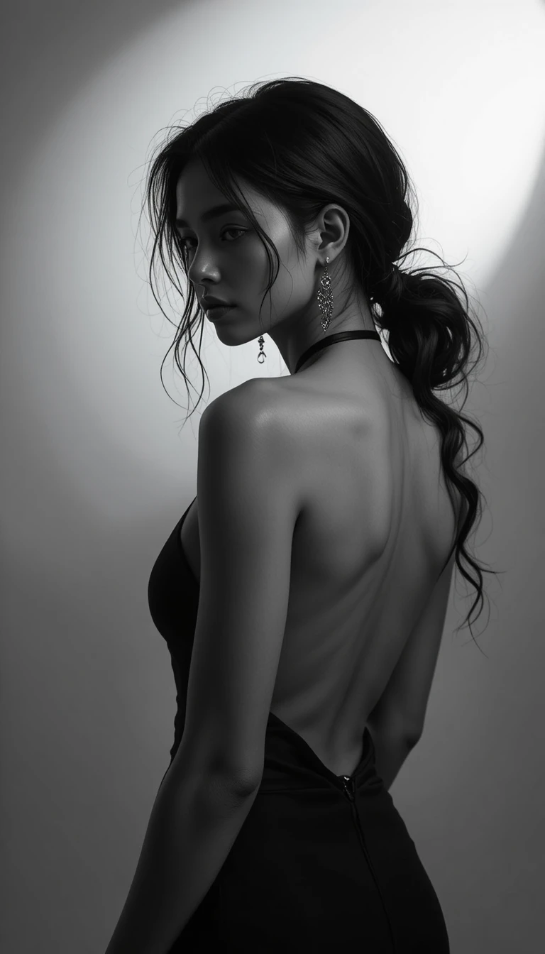 옆모습으로 담은 여성의 극적인 흑백 인물 사진
