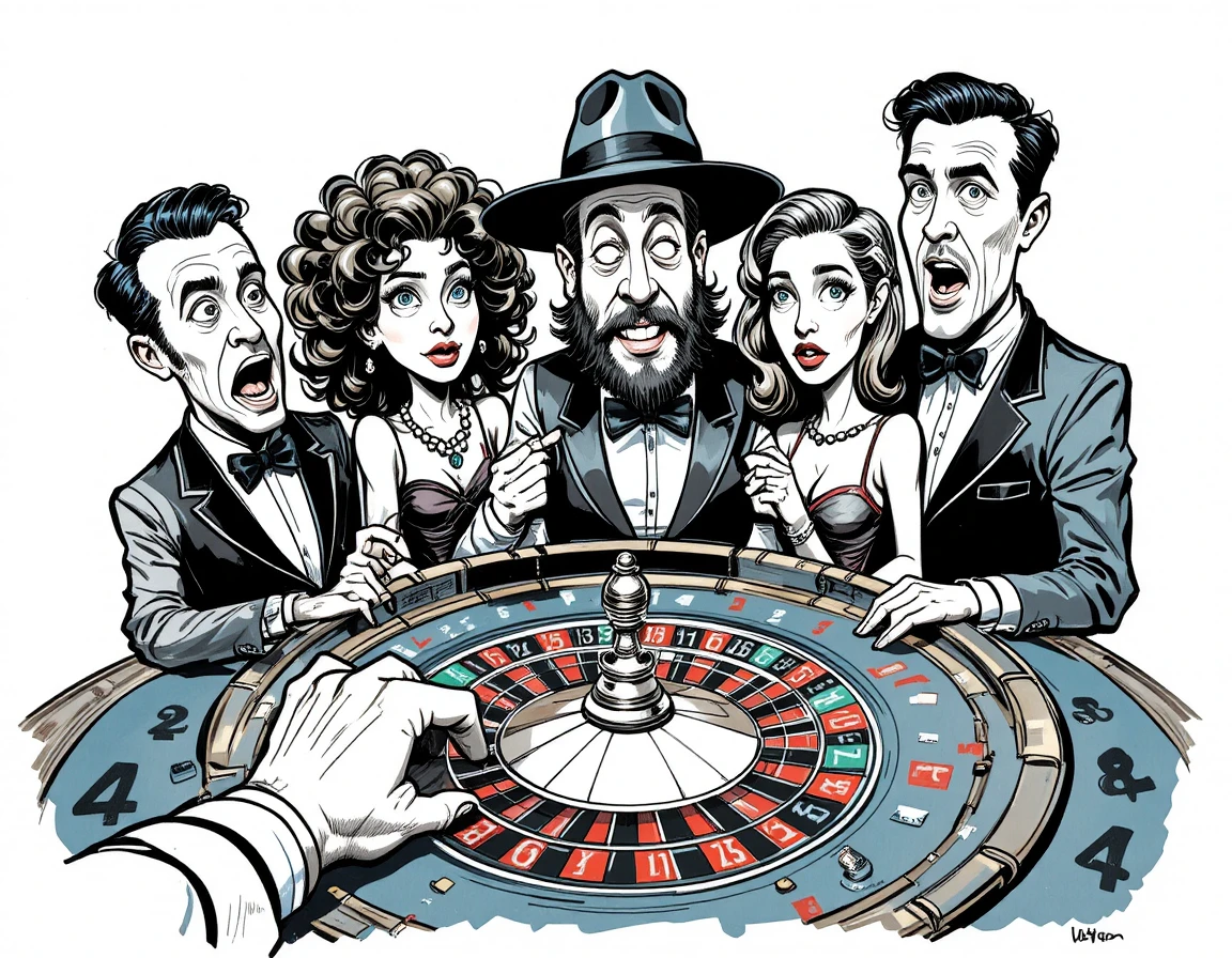 Cartoon casino scene with five people at a roulette table