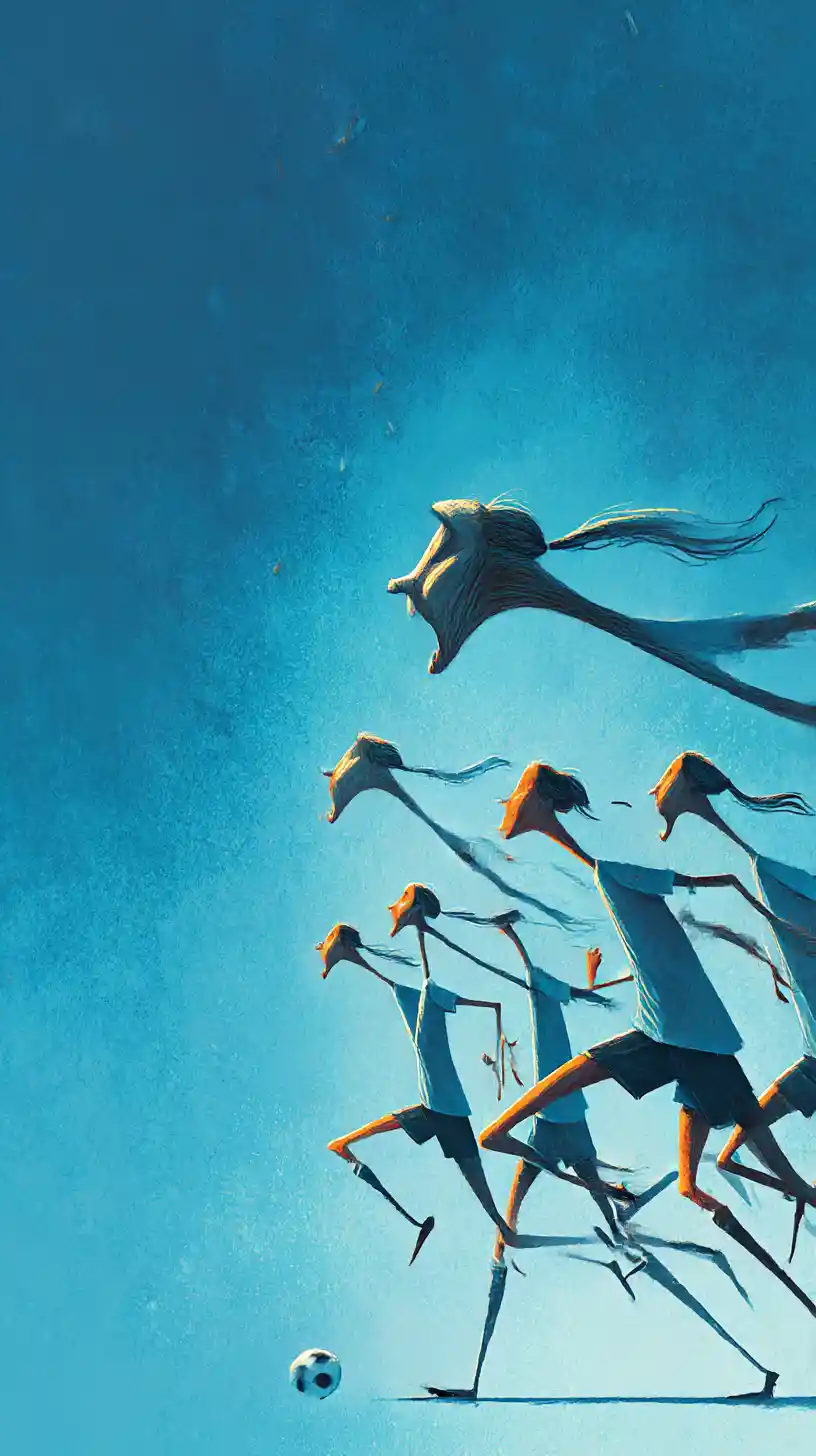 Elongated girl footballers running in a surreal blue void