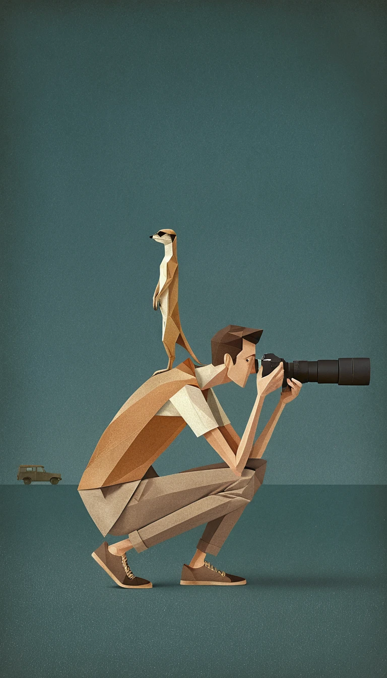 Origami style wildlife photographer with meerkat in vast teal space