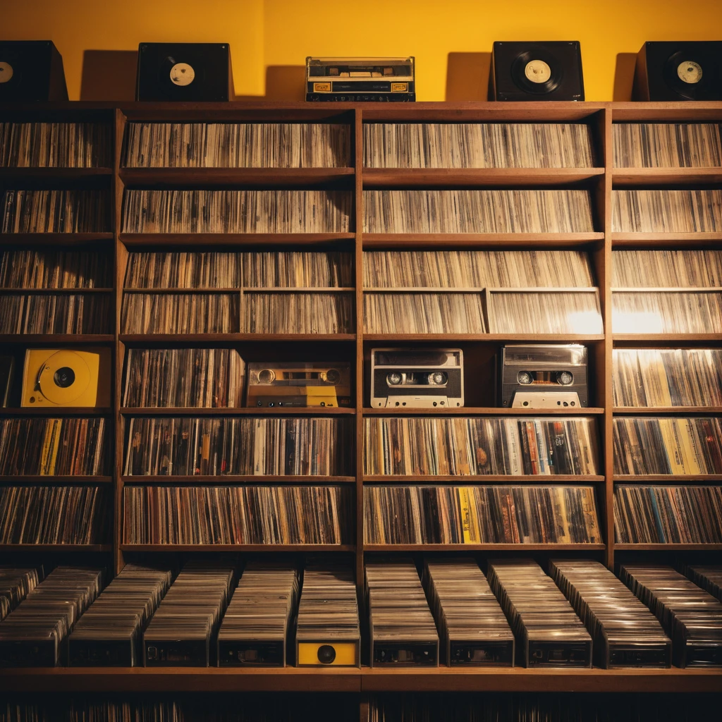 Vintage record store shelf filled with vinyl and cassettes
