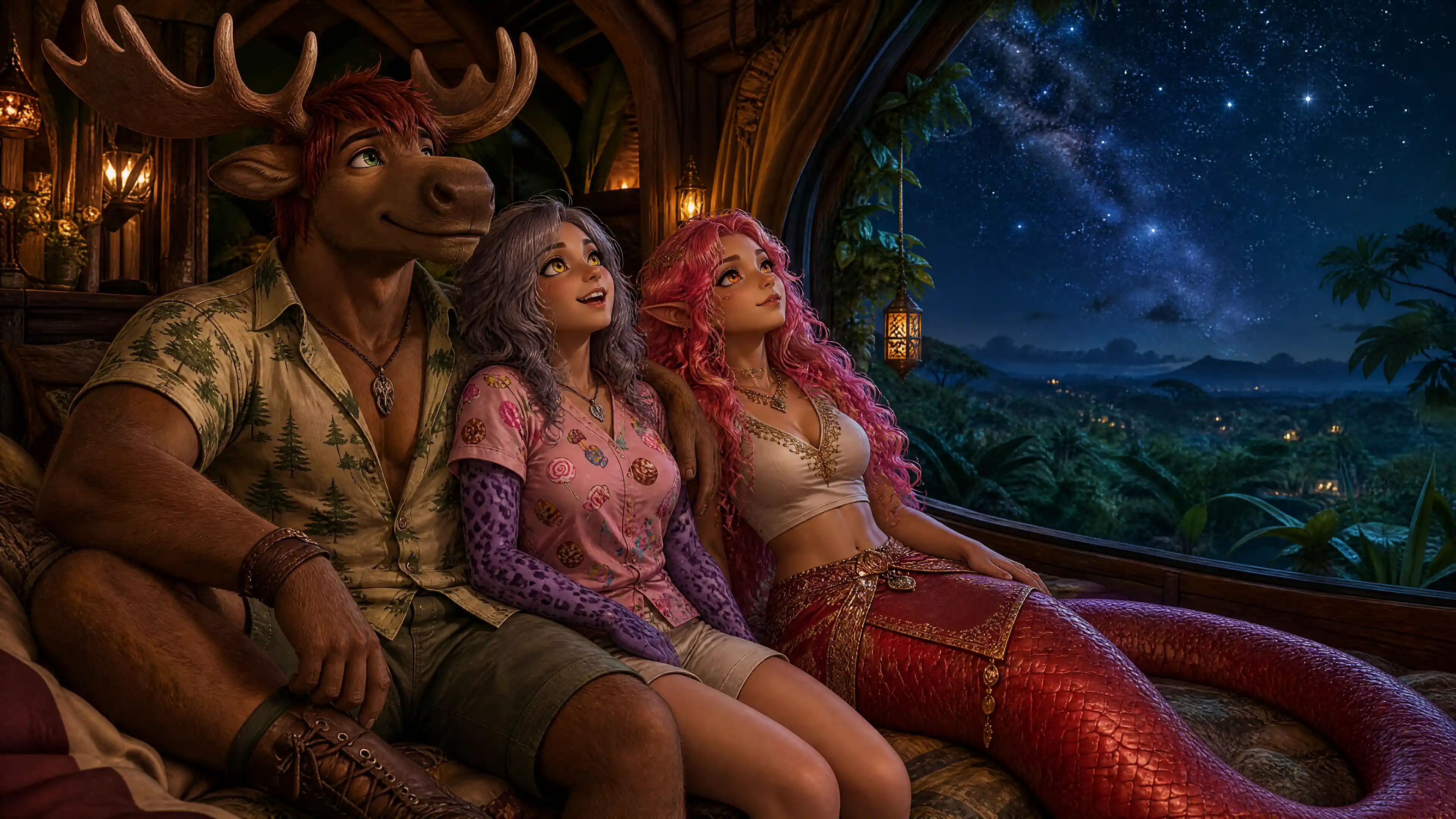 Fantasy friends watching stars from a jungle treehouse window