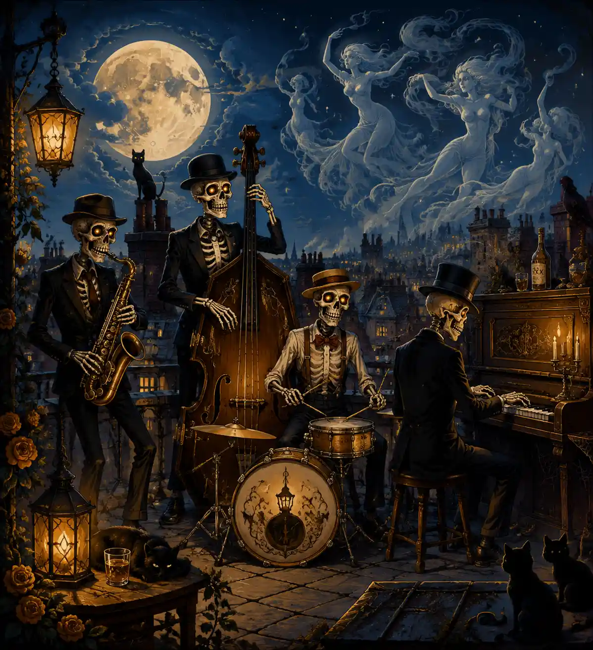 Skeleton jazz band playing under the moon on a rooftop