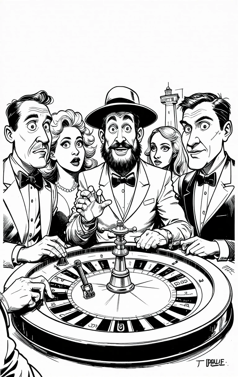 Folla da casinò in stile cartone animato intorno a un tavolo della roulette affollato