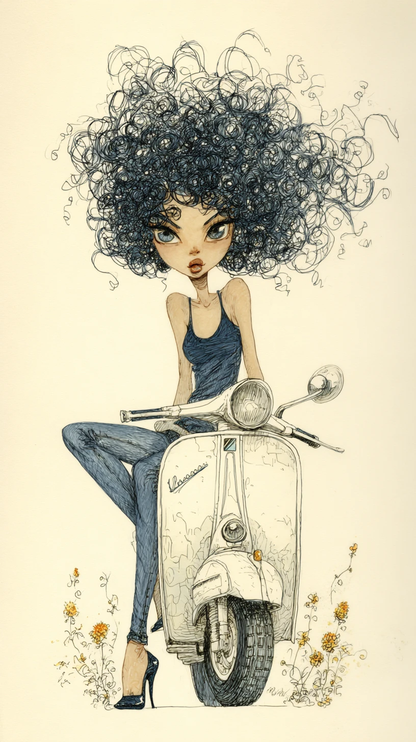 Mulher estilizada em scooter vintage com cabelo cacheado selvagem
