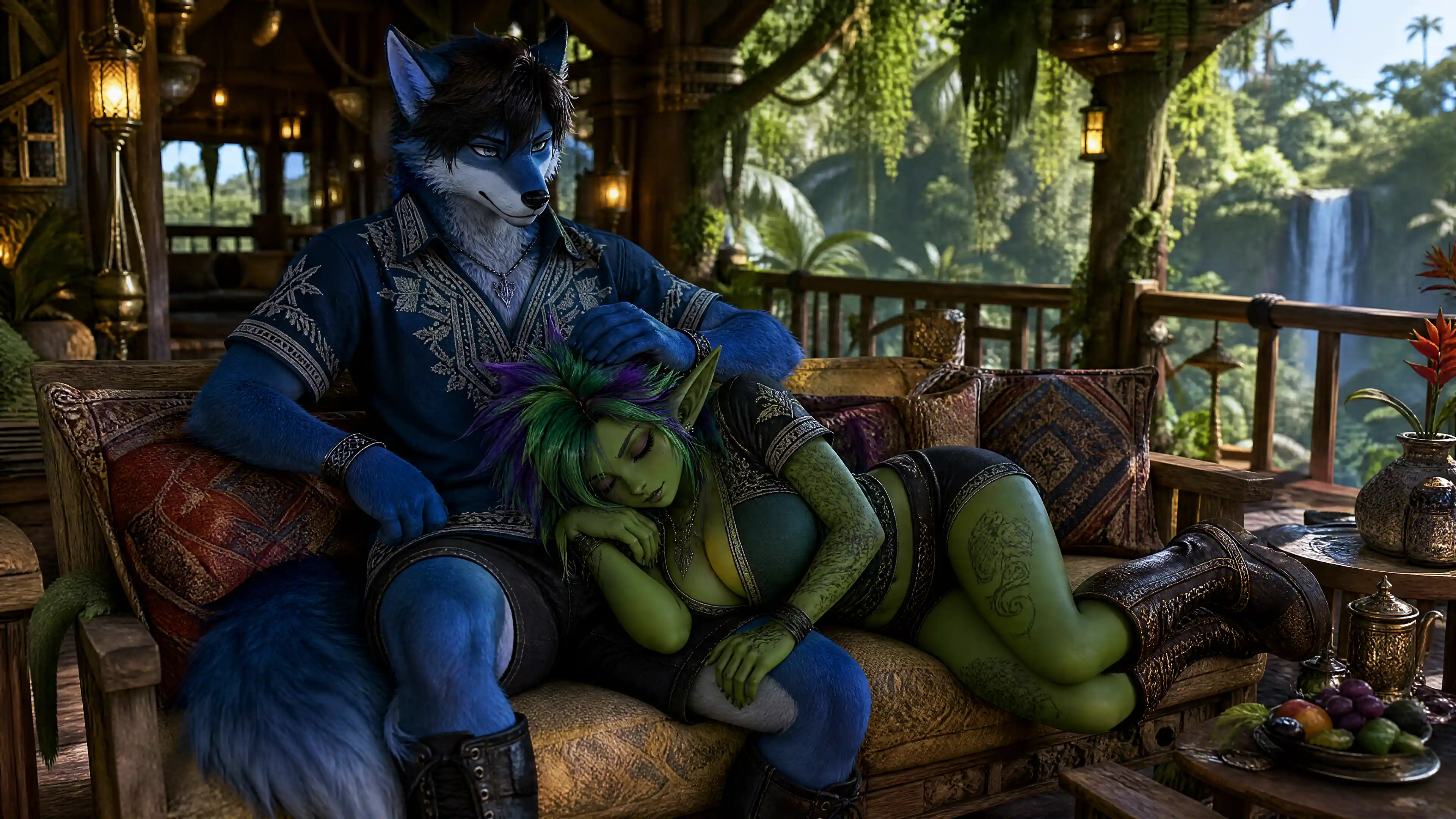 Anthro fox husband with sleeping goblin wife on couch
