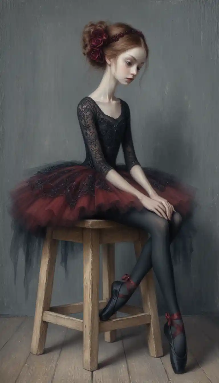 Melancholic gothic ballerina on a worn wooden stool