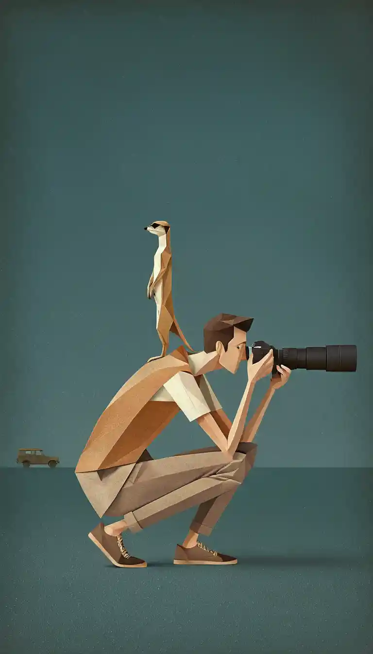 Origami style wildlife photographer with meerkat in vast teal space