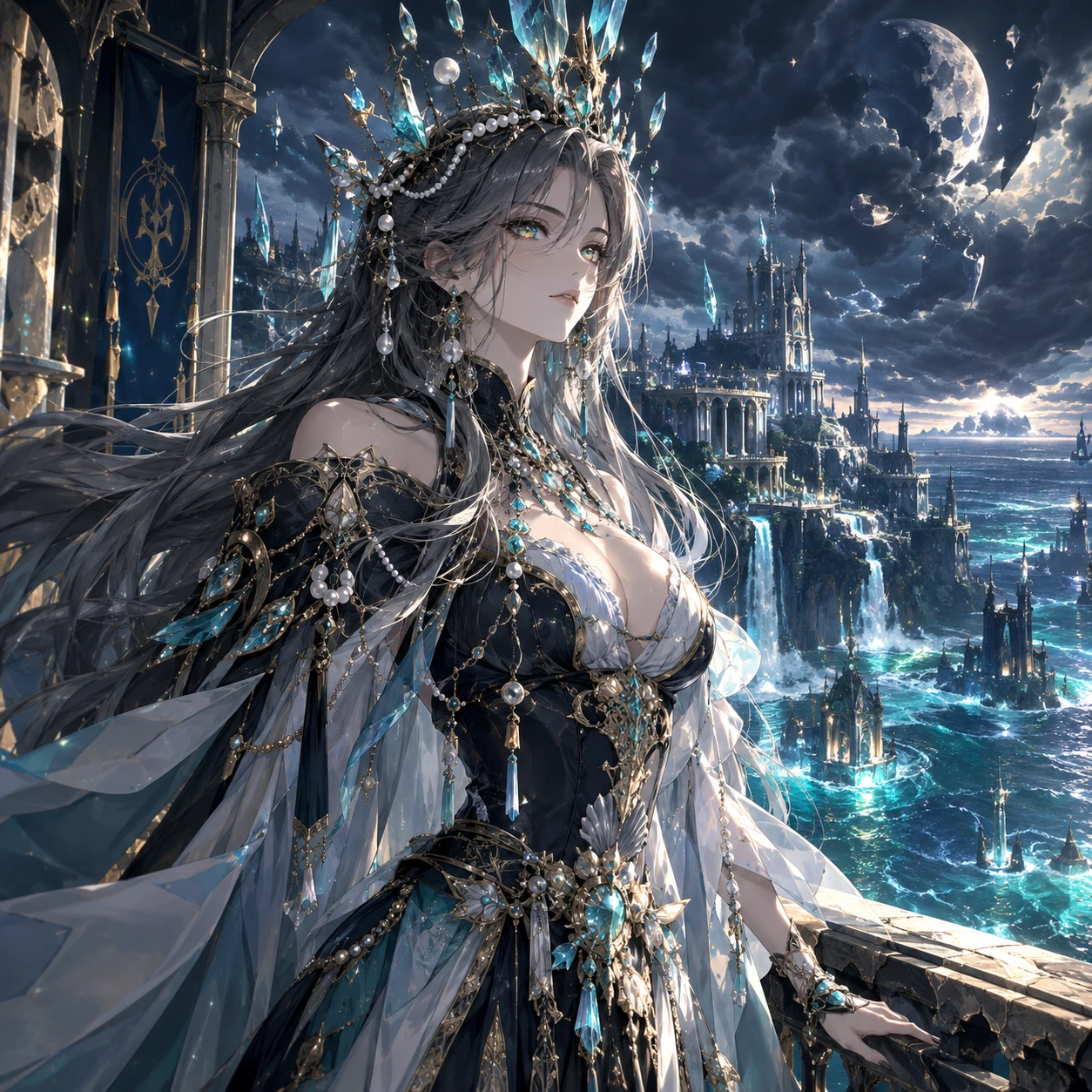 Rainha dos mares em estilo anime em uma varanda sobre ondas brilhantes
