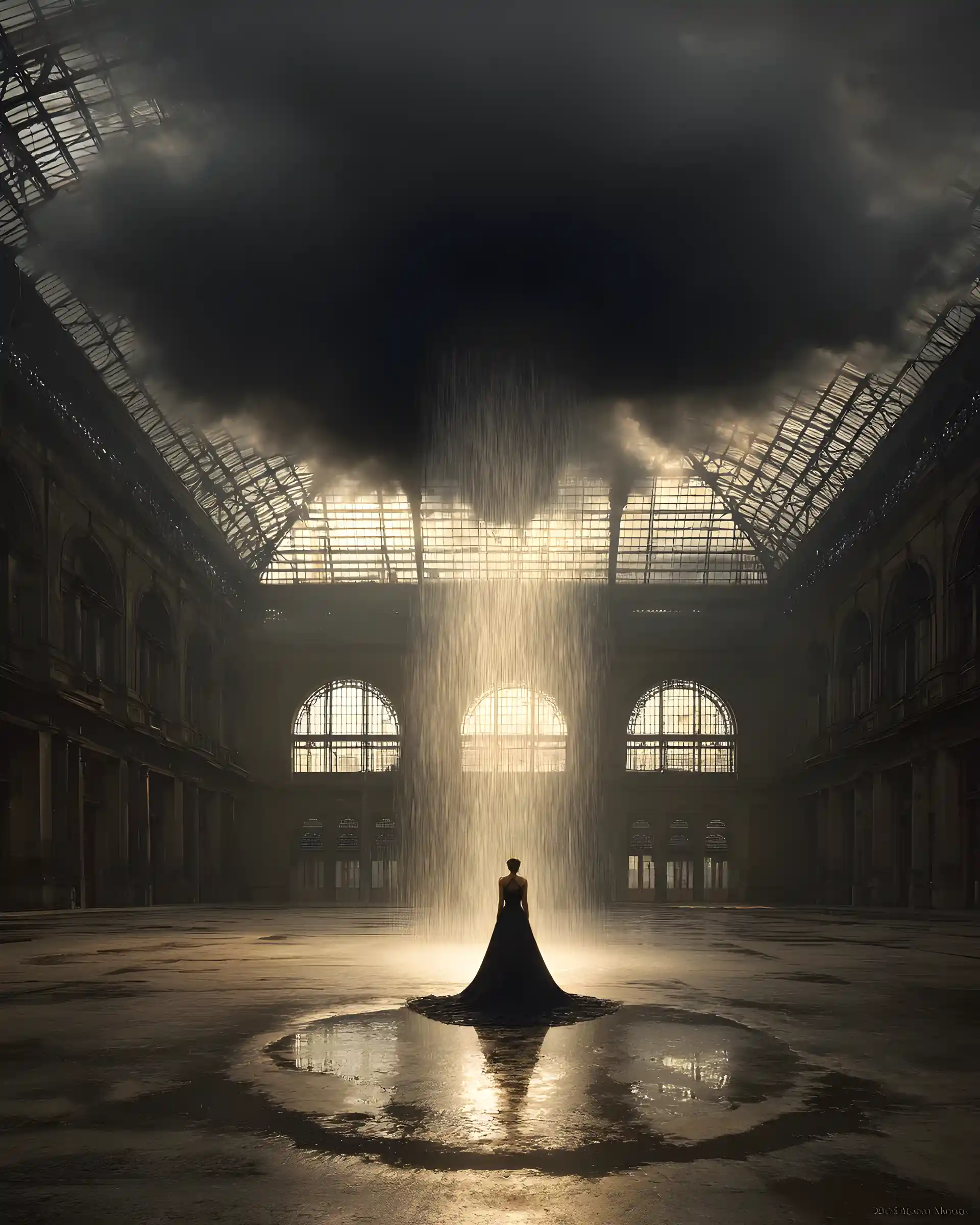 Woman in black gown under rain cloud in grand station