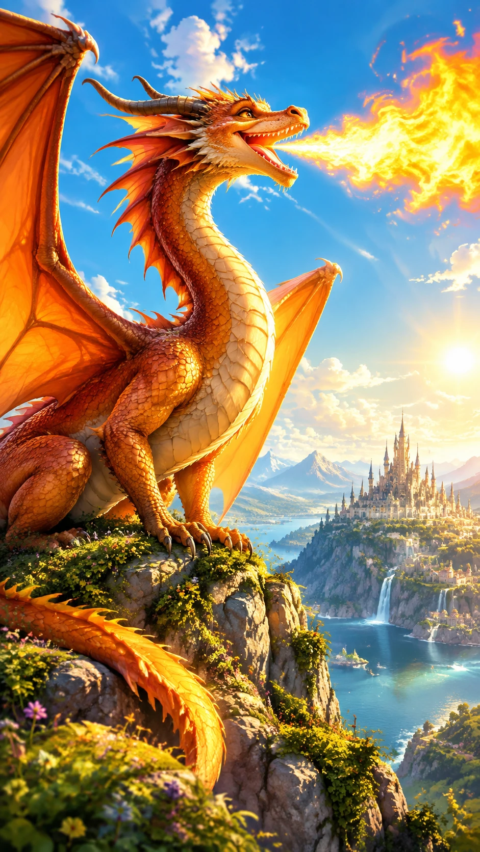 Dragon joyeux cracheur de feu sous une lumineuse lumière de soleil fantastique