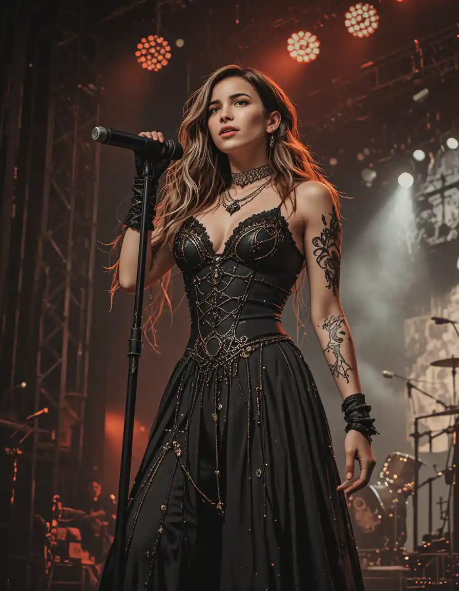 Gothic-Metal-Sänger auf einer dramatischen Konzertbühne