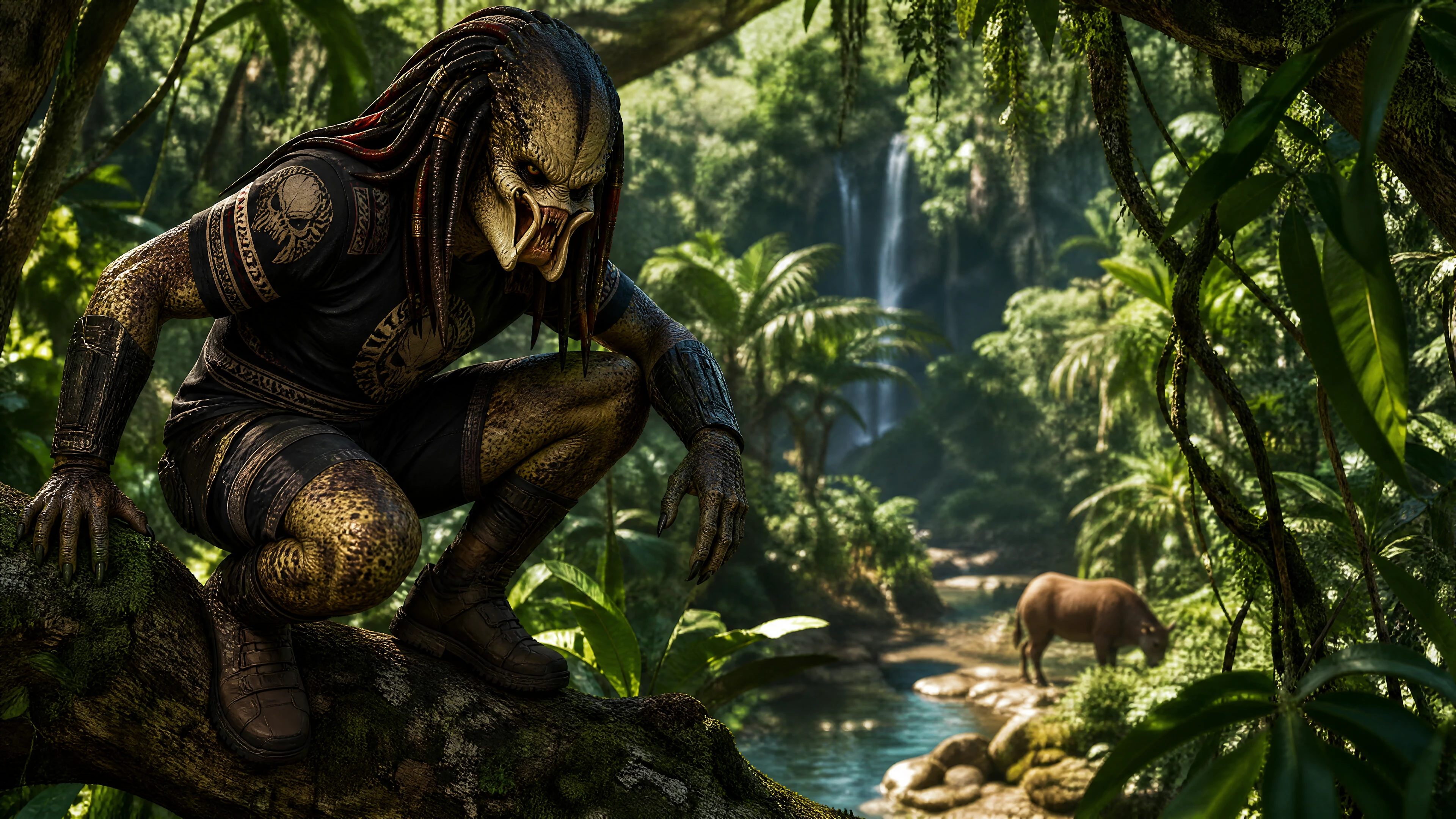 Chasseur extraterrestre accroupi sur un arbre dans la jungle tropicale