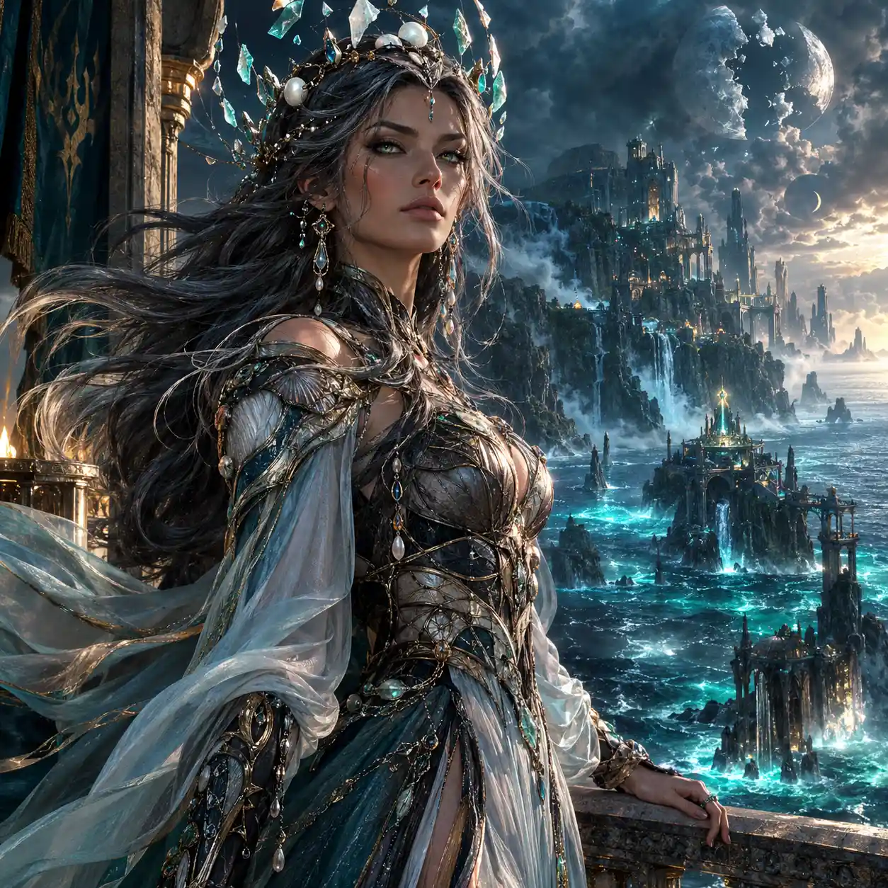 Fantasy sea queen on a stormy cliffside balcony