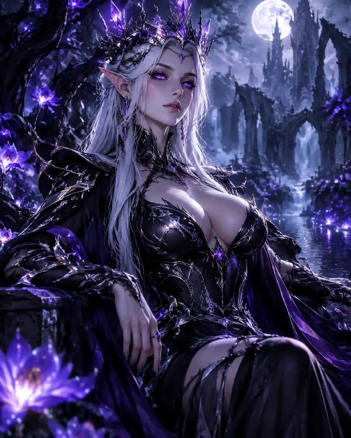 Dark elf queen standing in a twilight enchanted forest