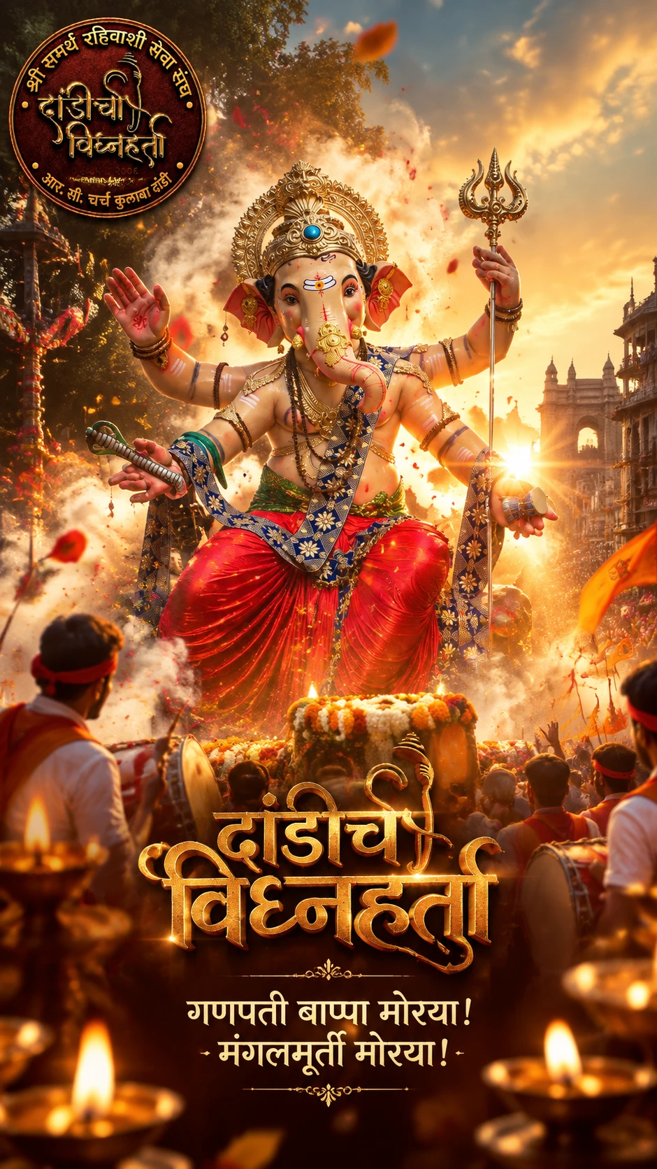 Close dramático de Lord Ganpati com diyas brilhantes no templo