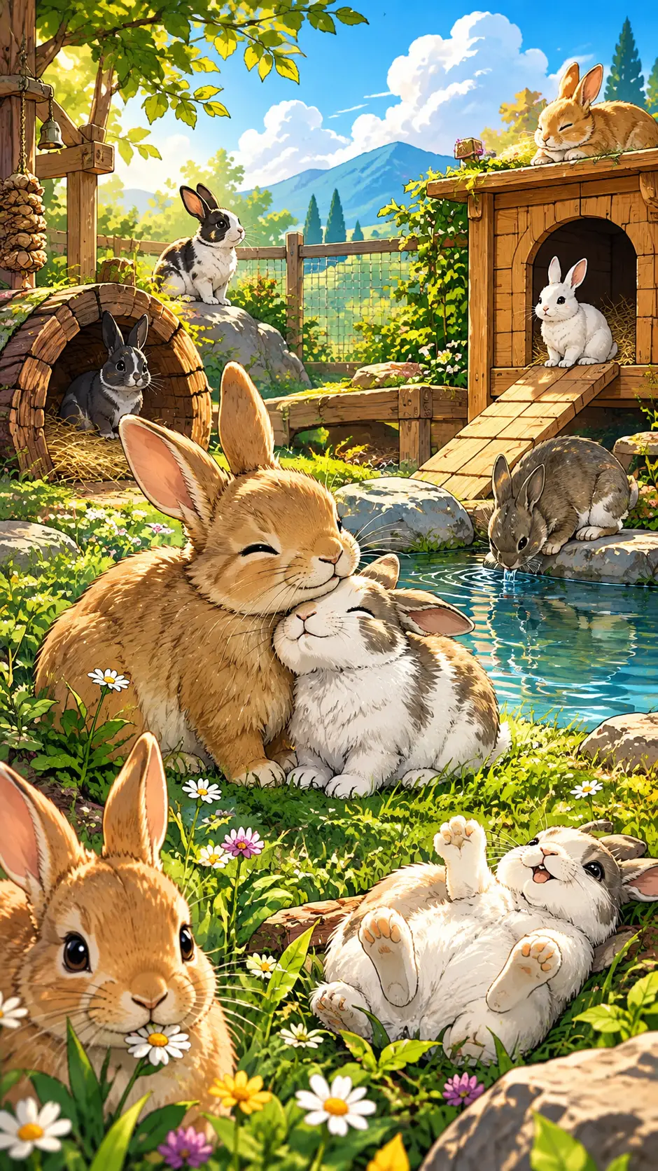 在陽光戶外圍欄中玩耍的可愛兔子插畫