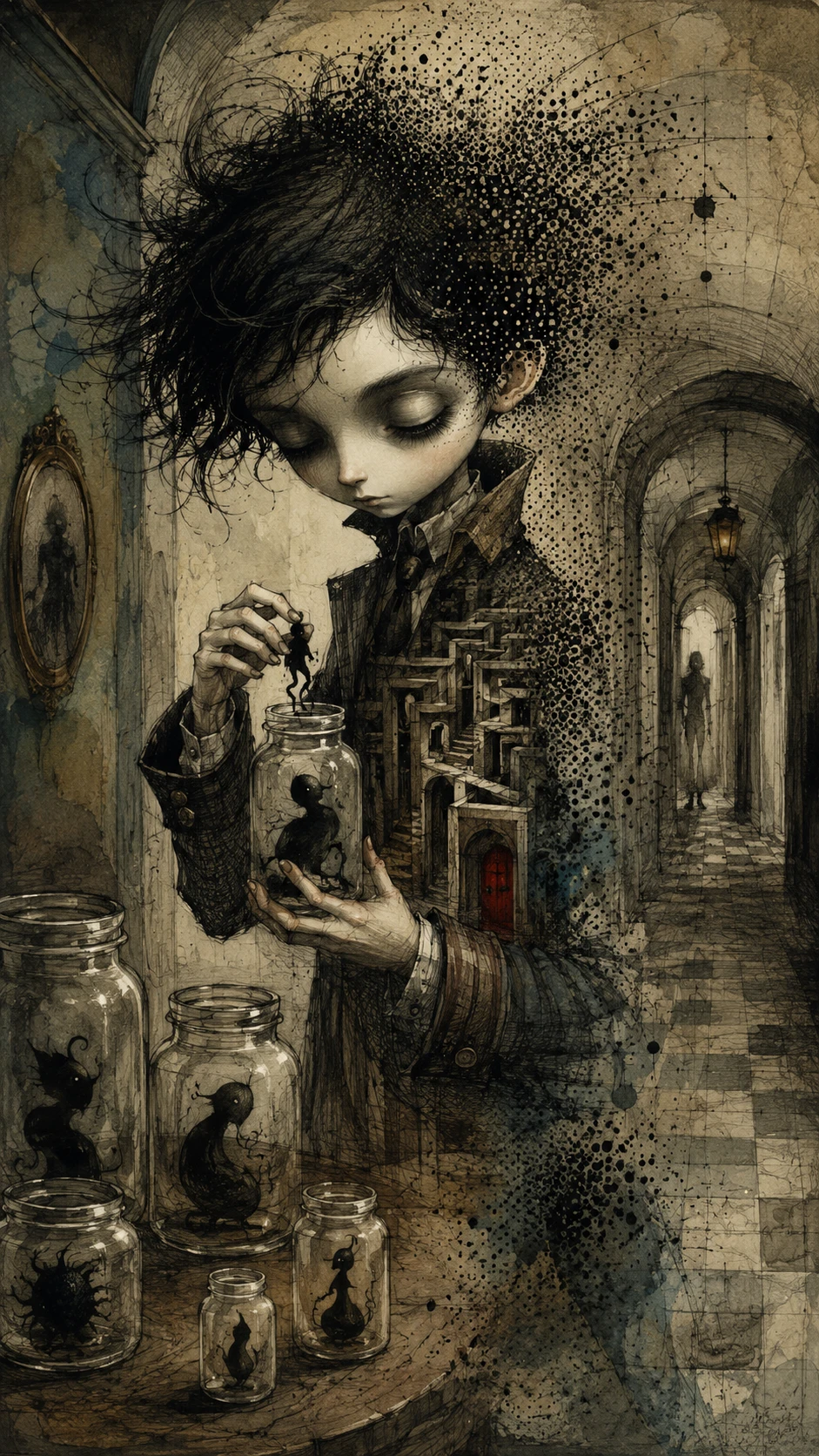 Gothic Boy Collecting Shadows In A Gloomy Hallway