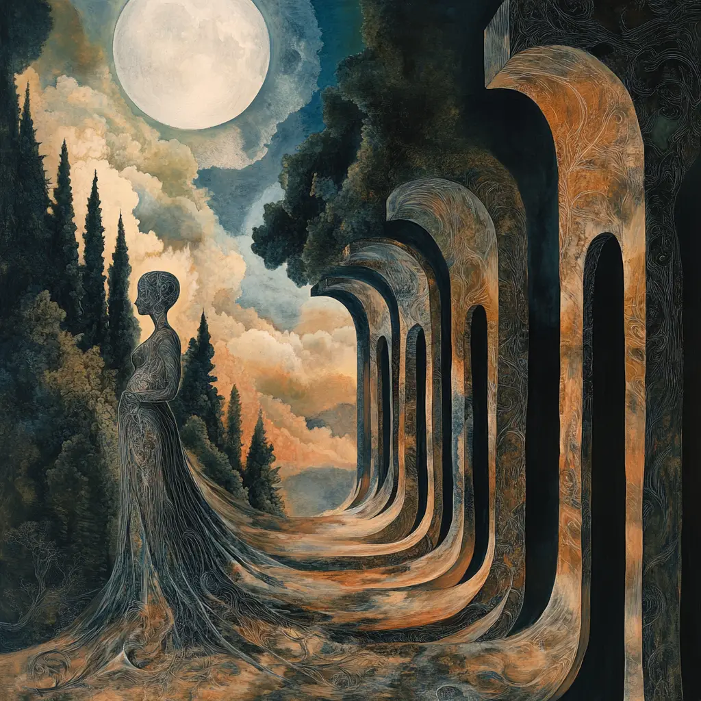Femme rubénienne fusionnant avec un paysage onirique et surréaliste