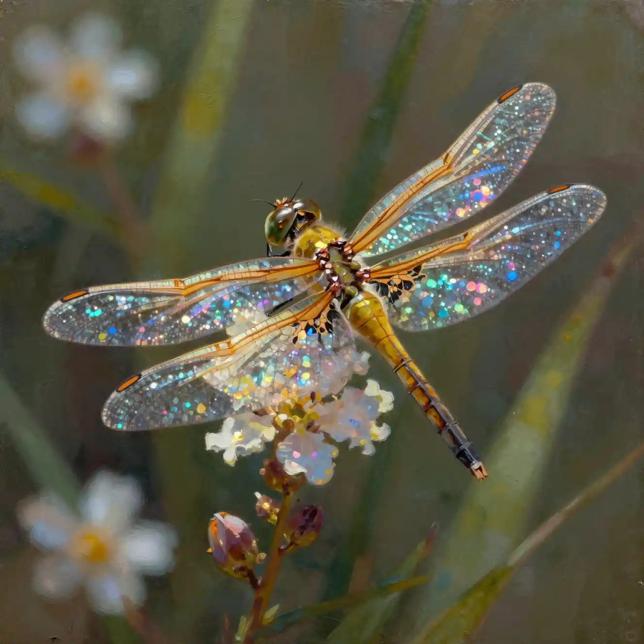 Glowing Dragonfly Hovering Over Shimmering Flowers At Night