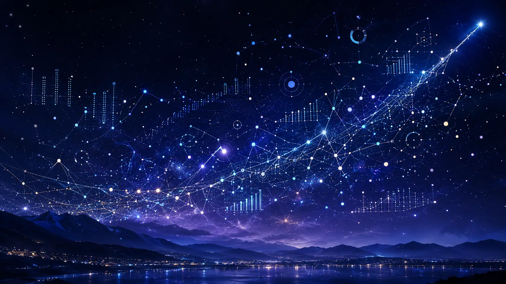 Wide night sky of glowing data constellations and charts