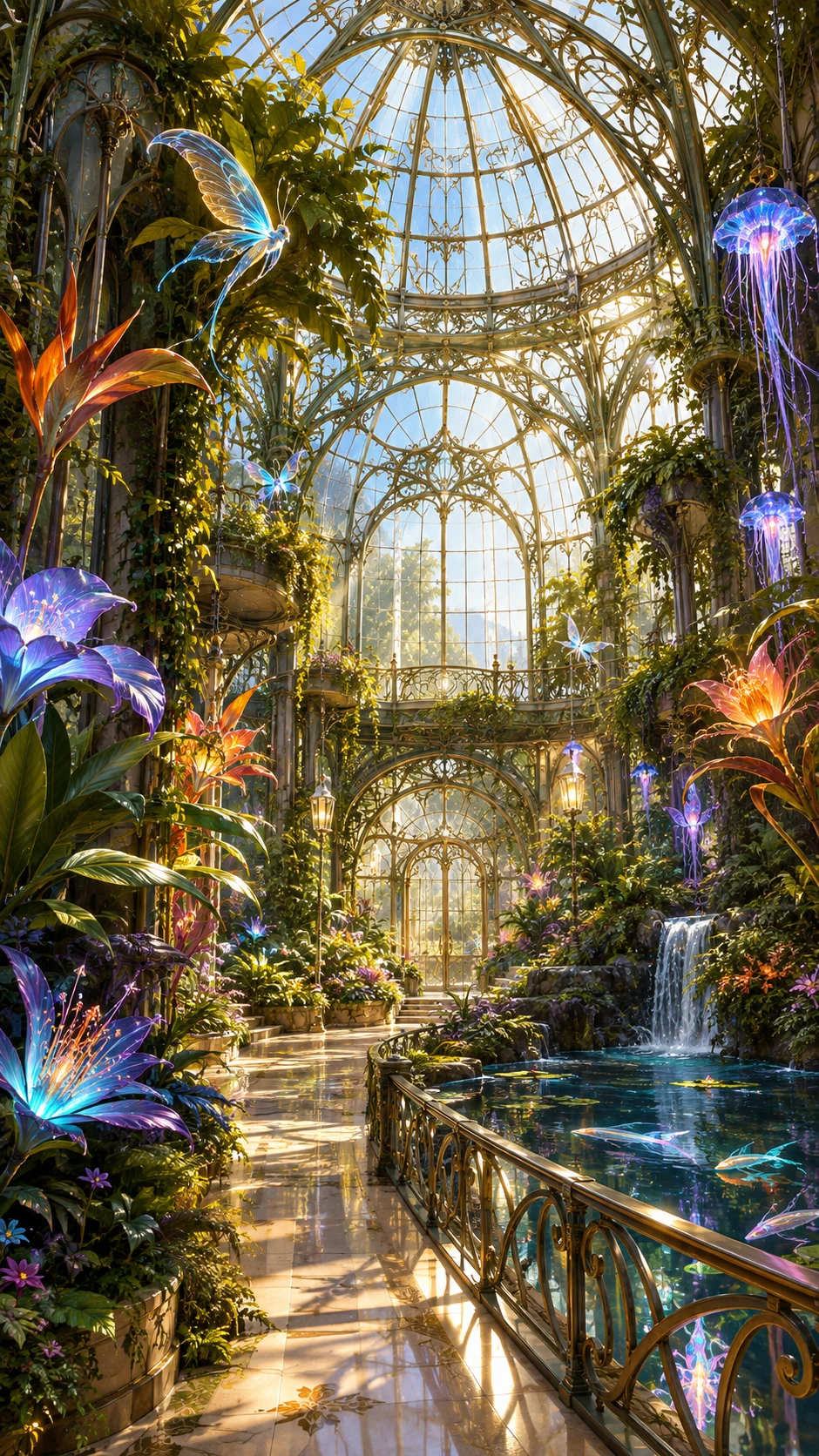 Sonnen­durchflutetes Glashaus voller leuchtender exotischer Pflanzen