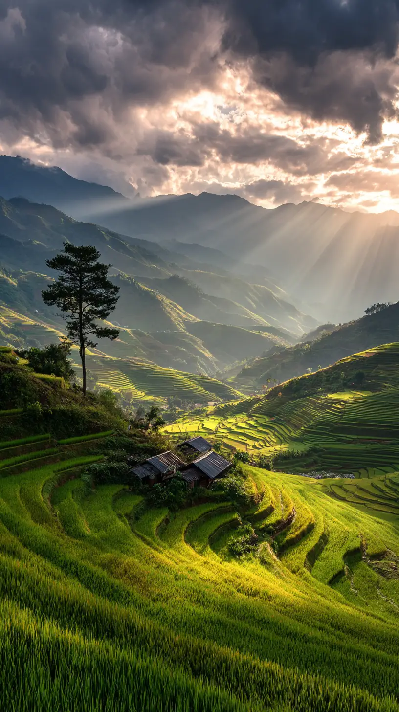 日出時的梯田、茅屋與群山美景