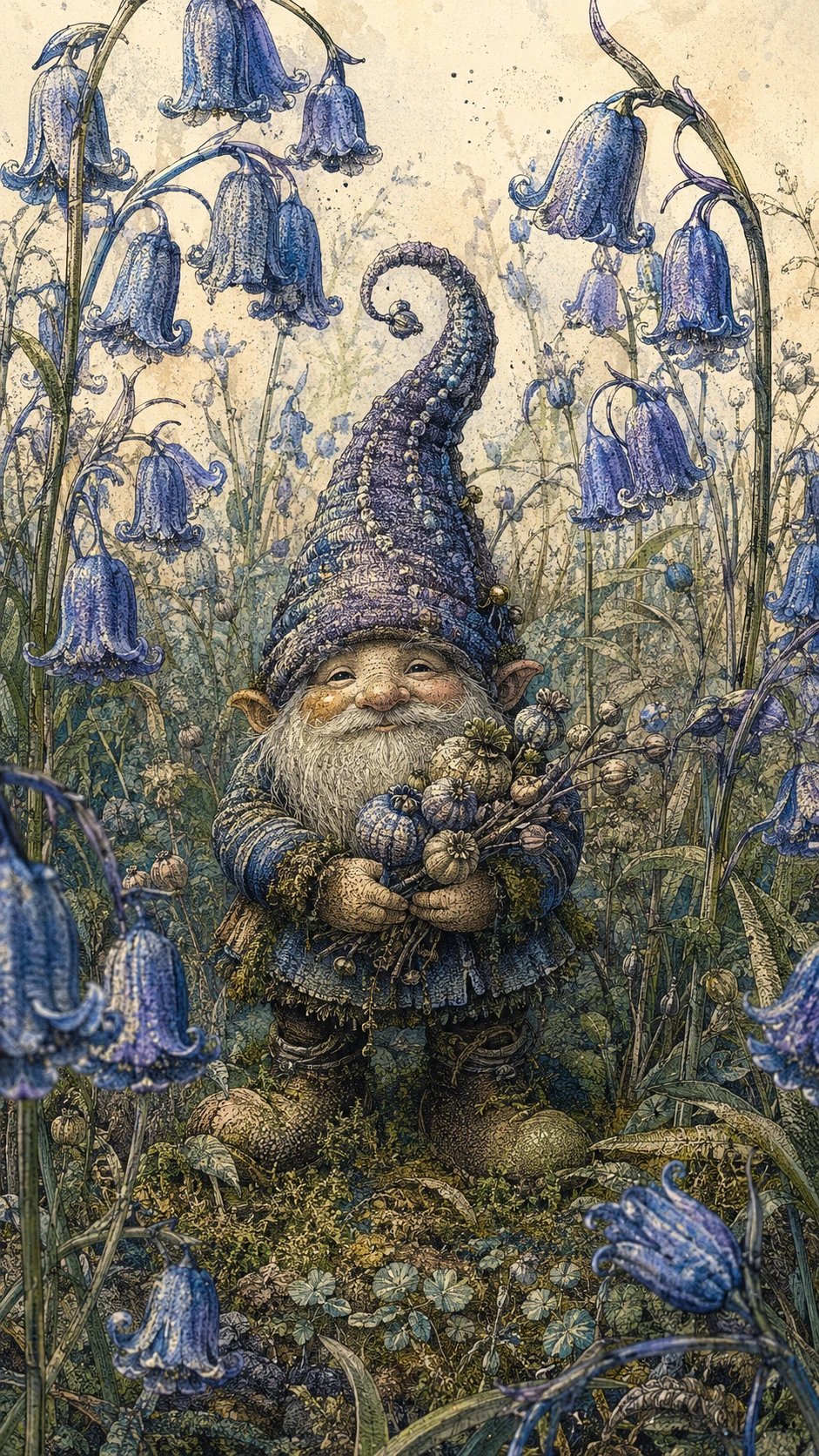 Minuscule gnome parmi de hautes jacinthes bleues en illustration à l’encre