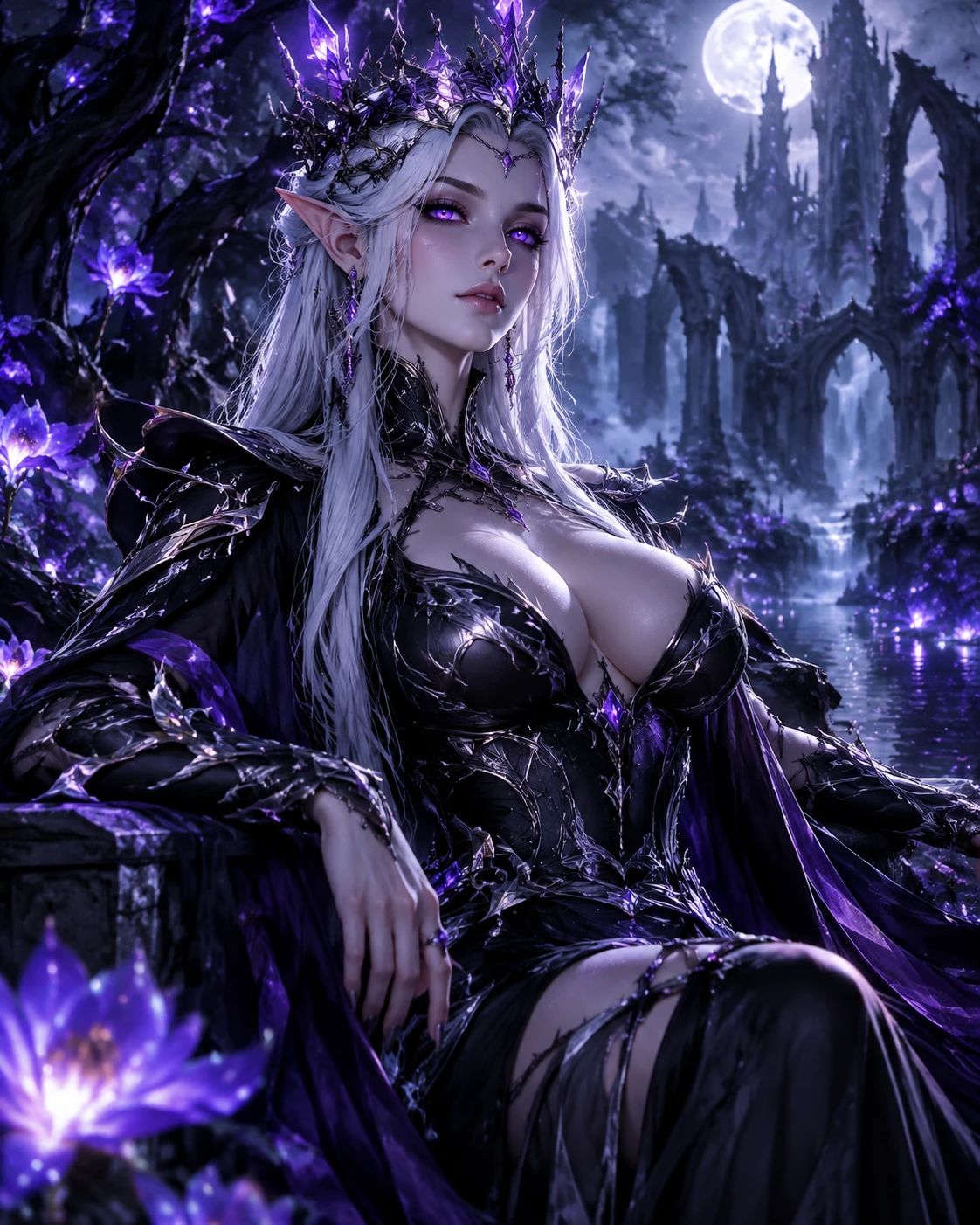 Dark elf queen standing in a twilight enchanted forest