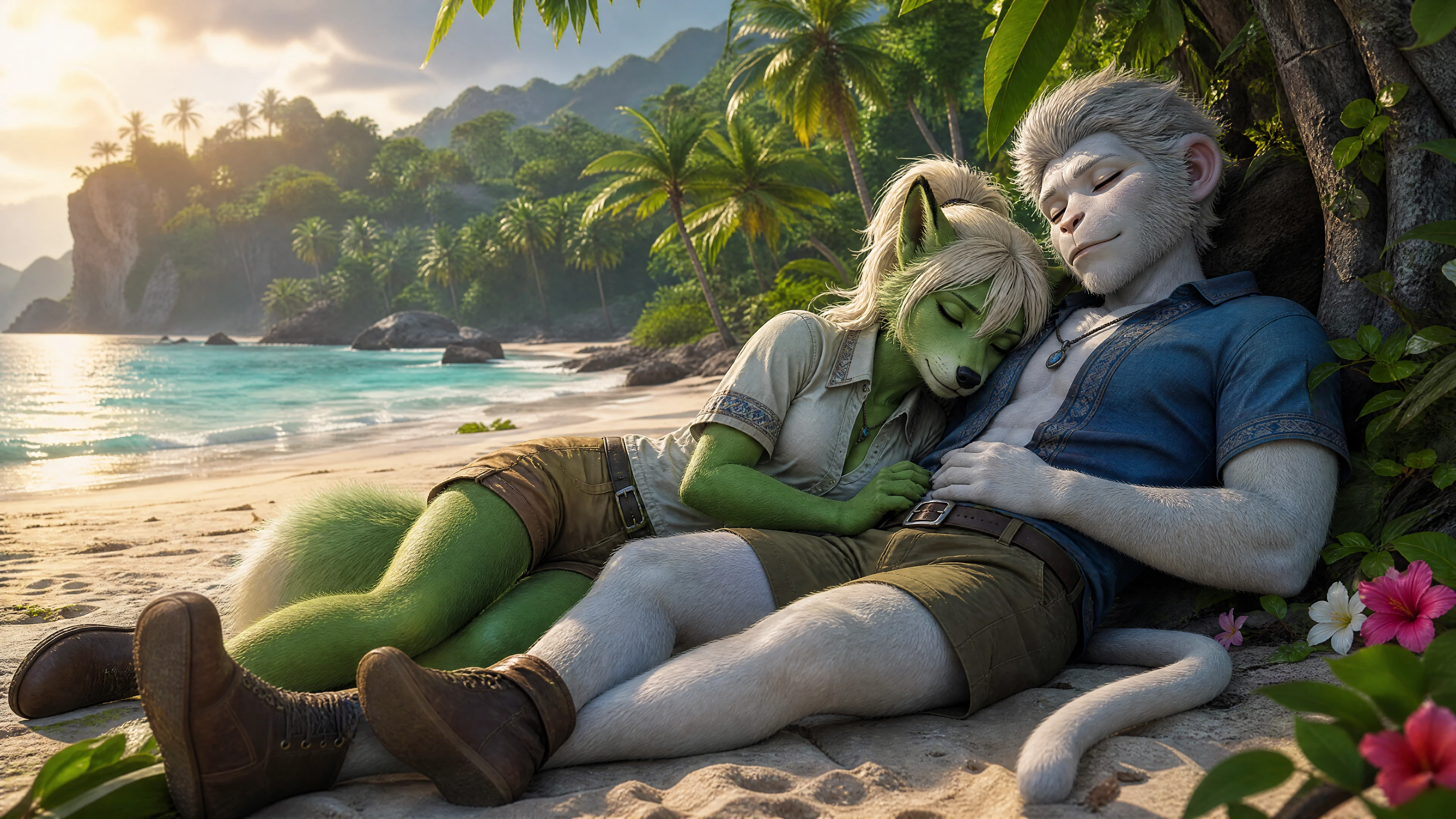 Pareja anthro de lobo y mono durmiendo en una playa tropical