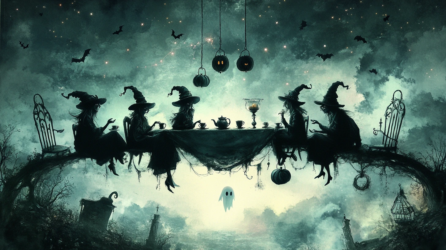 Whimsical witches at a surreal floating tea table