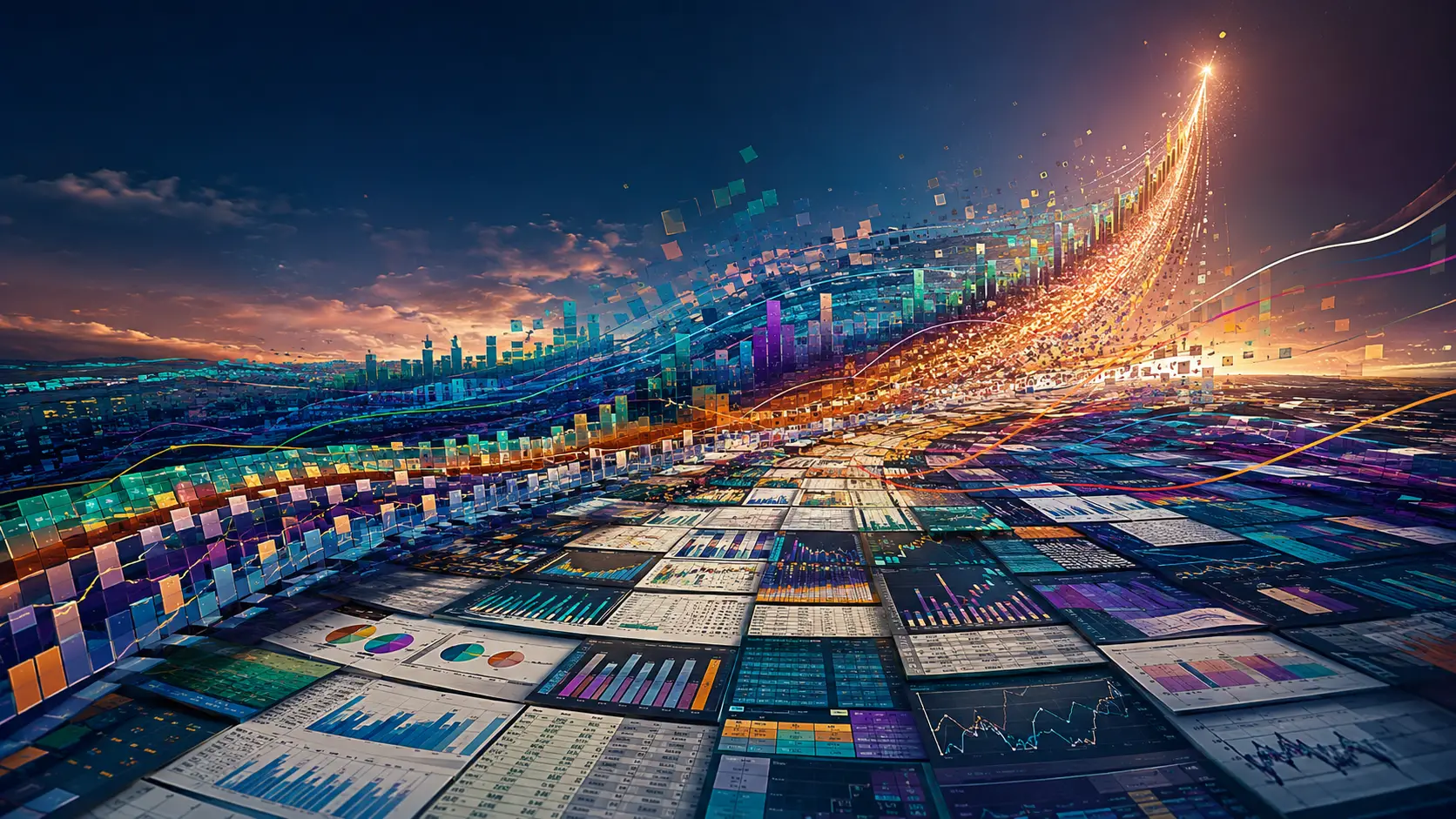Paysage de Données Panoramique au Flux d’Analytique Lumineux Ascendant