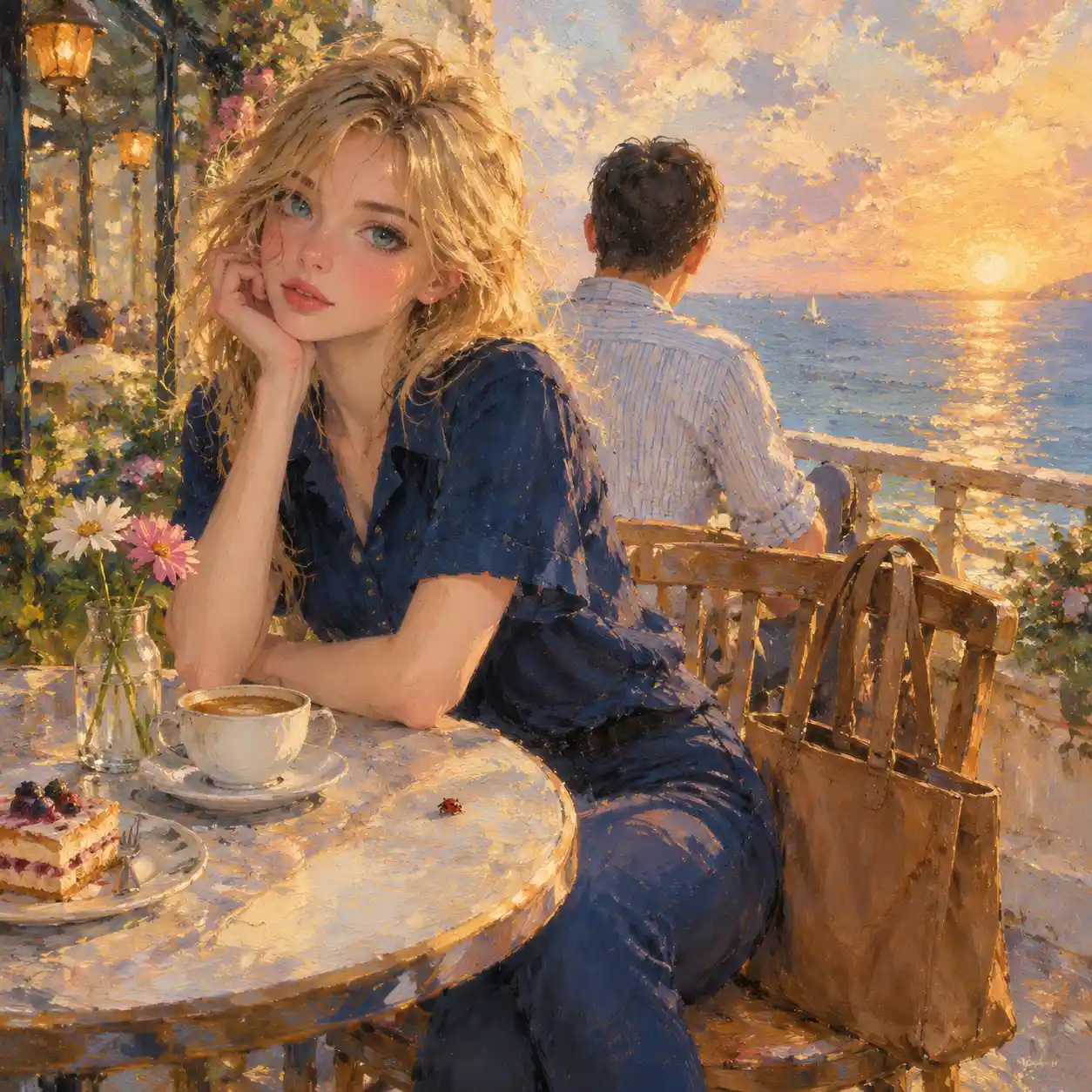 Mujer rubia con conjunto azul marino en mesa de café junto al mar