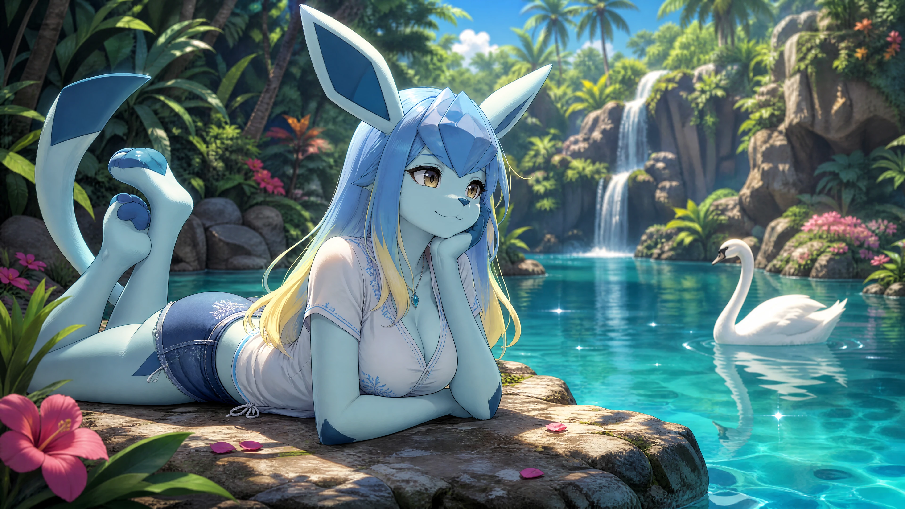 Personagem anthro glaceon observando um cisne em uma lagoa na selva