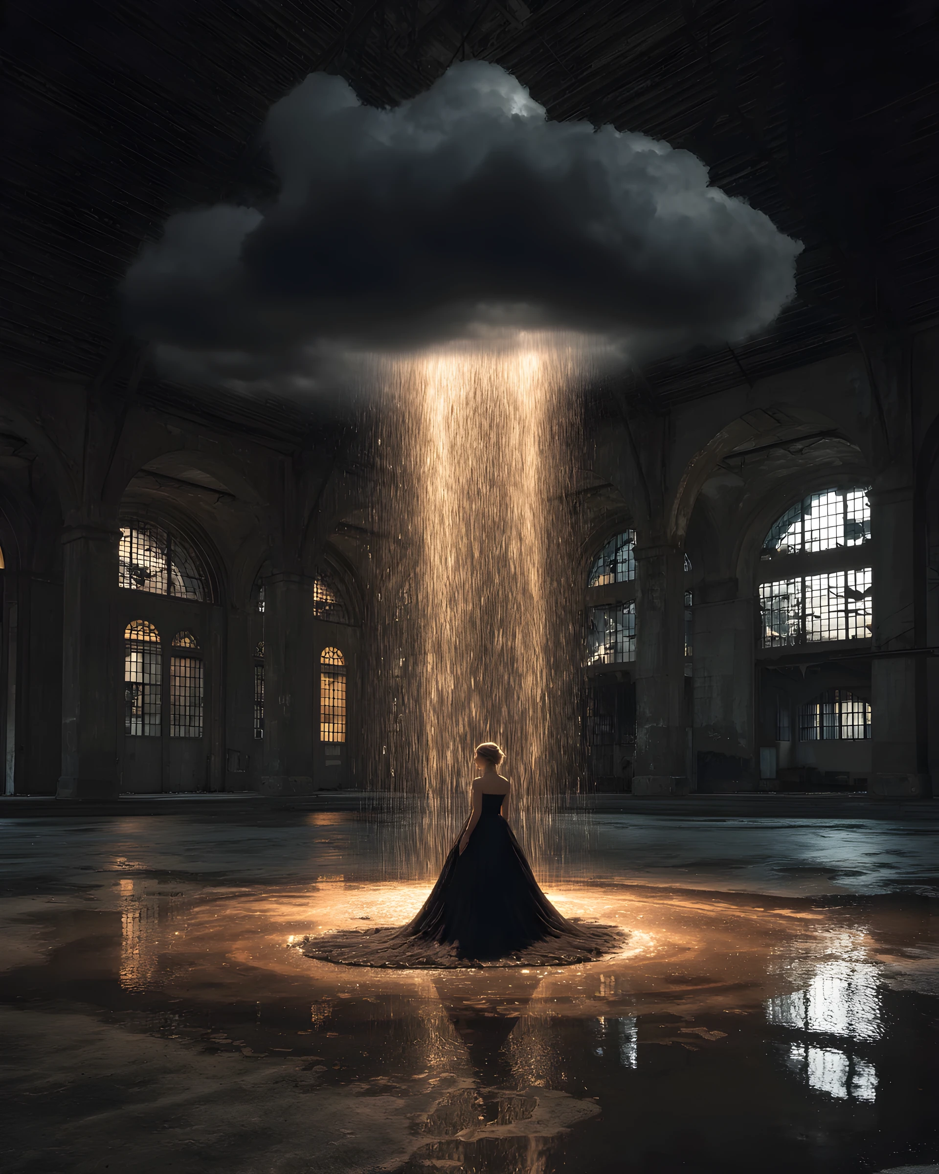 超現實雨雲下的黑色禮服女子