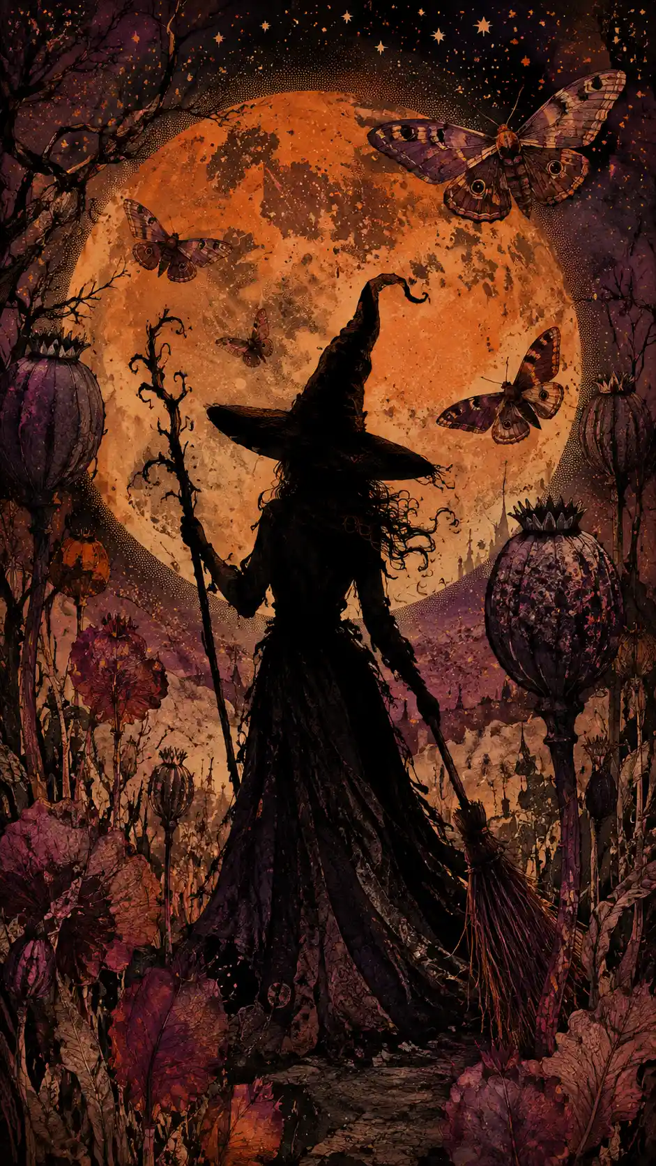 Solitary witch silhouette in an enchanted midnight garden