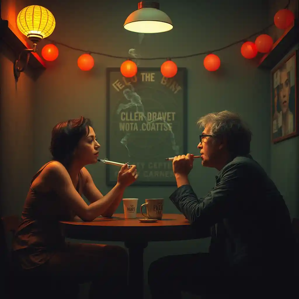 Man Smoking A Cigarette In A Layered Theater Scene